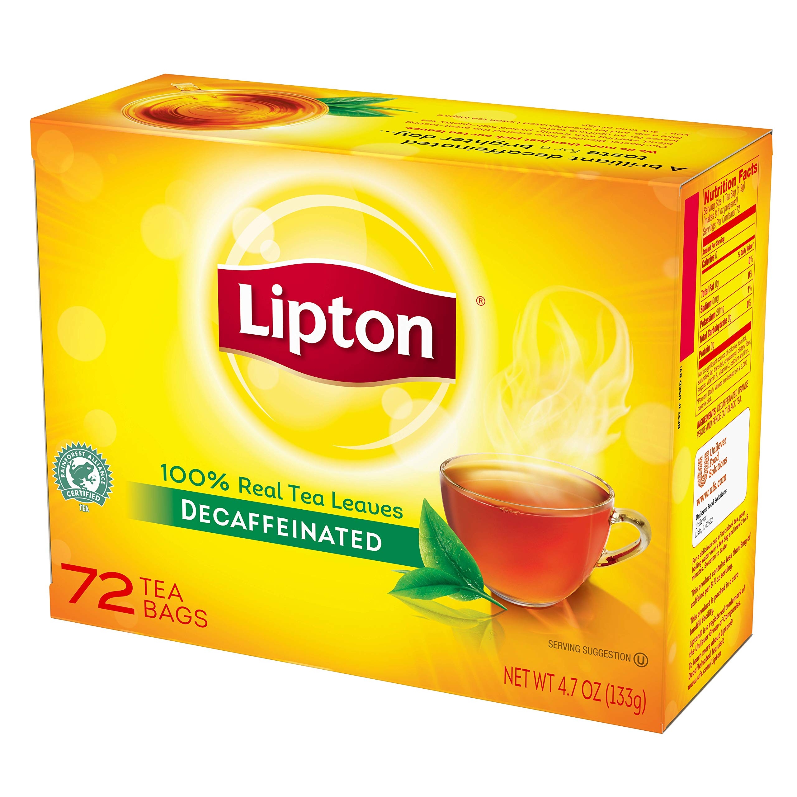 Lipton Black Decaffeinated Hot Tea, 72 count tea bags per box, 6 boxes per case
