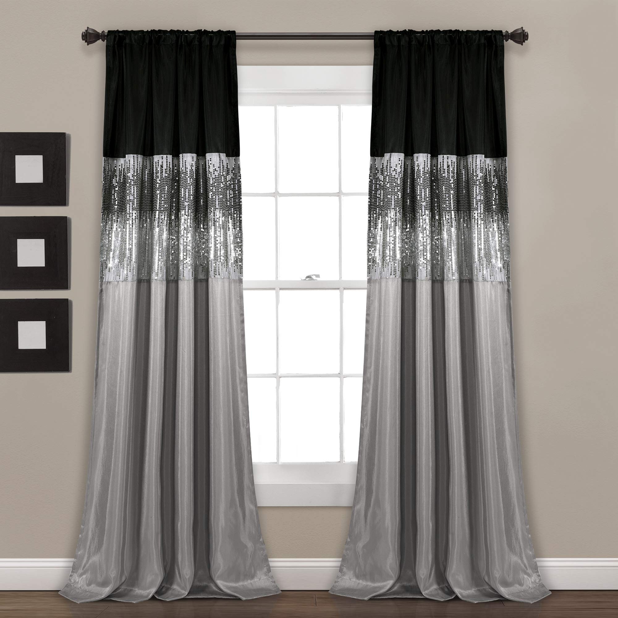 Lush Decor Night Sky Window Curtain Panel, Single, 42" W x 84" L, Silver & Black - Sequin Curtains - Sparkle & Color Block Design - Modern Glam Decor - Long Curtains For Bedroom & Living Room
