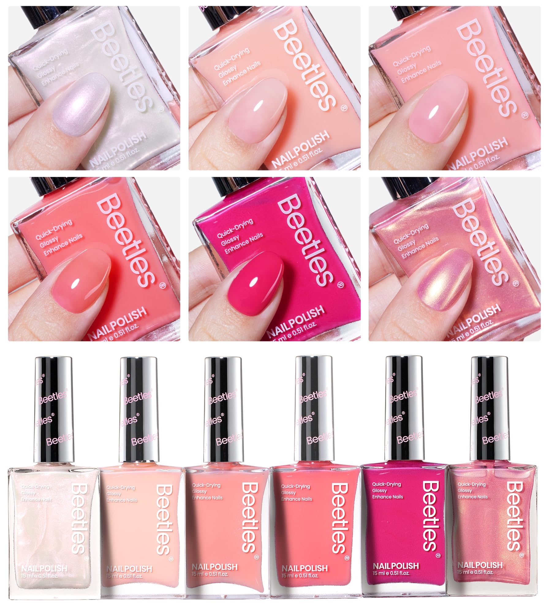 Beetles Nail Polish Set Heartbeat-6 Colors Hot Pink White Jelly Nude Pink Nail Polish Set Shimmer Pearl Quick Dry Finger Nail Polish DIY Nail Art Salon Home Gift for Women & Girls