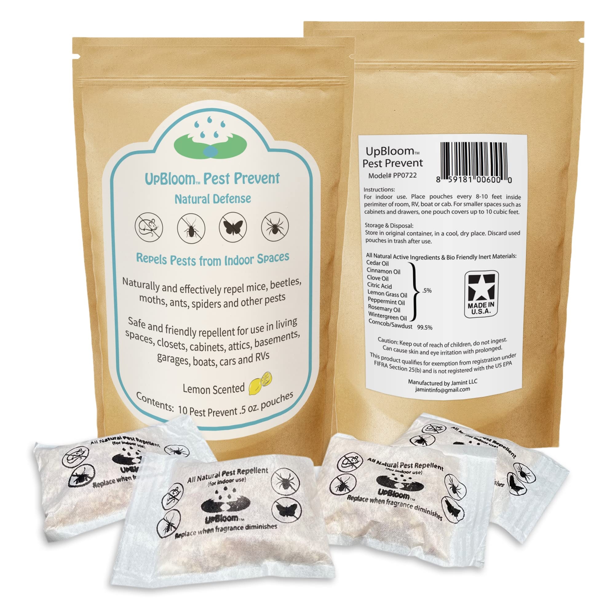 UpBloom - Pest Prevent All-Natural Repellents Home and Garage Defense from Mouse, Spider, Roaches, and Insects 10 Pest Control and Repeller Pouches