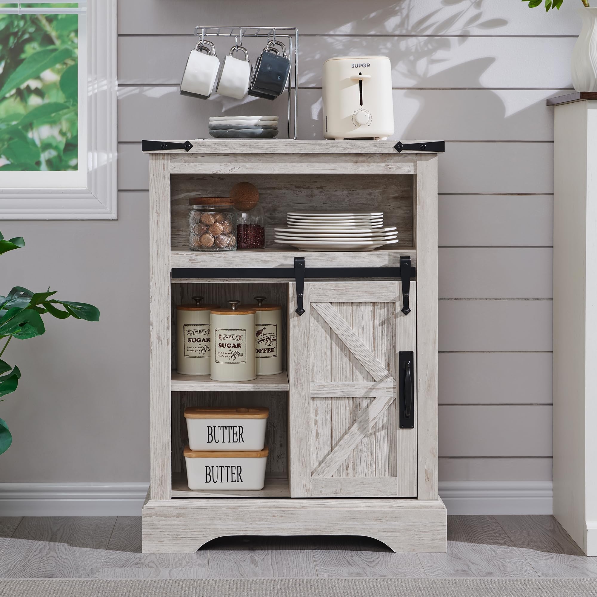 RedLemon Farmhouse Small Bathroom Storage Cabinet, 32" Tall with Drawers & Sliding Barn Door, Small Storage Cabinet for Living Room, Bathroom, Kitchen, Antique Brush White