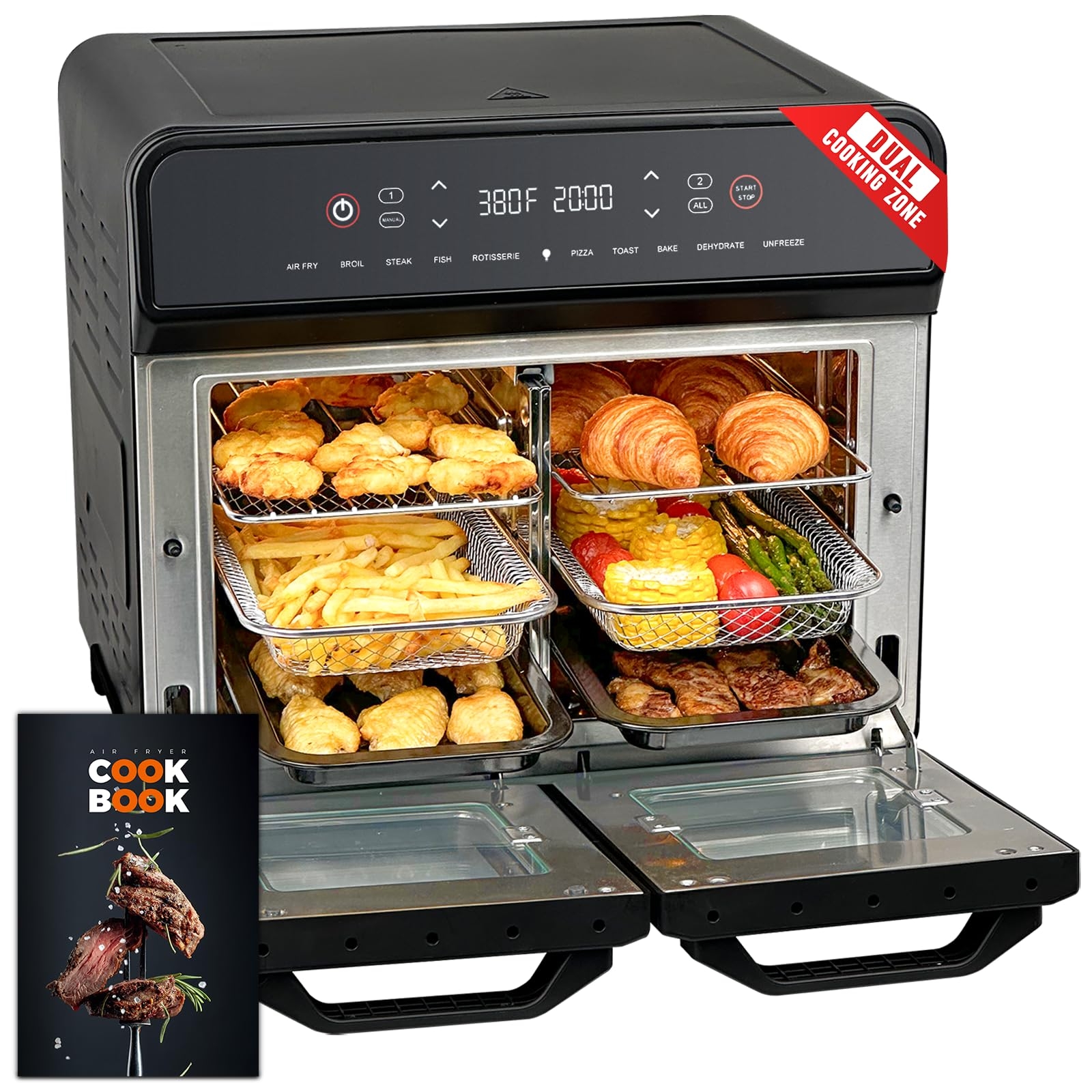 24Qt Dual Zone Air Fryer Oven with Rotisserie, Extra Large Double Air Fryers Mini Oven Digital 1800W 10 in 1 Airfryer Countertop Convection Toaster Oven Combo, Stainless Steel Inner, 360° Even Heating