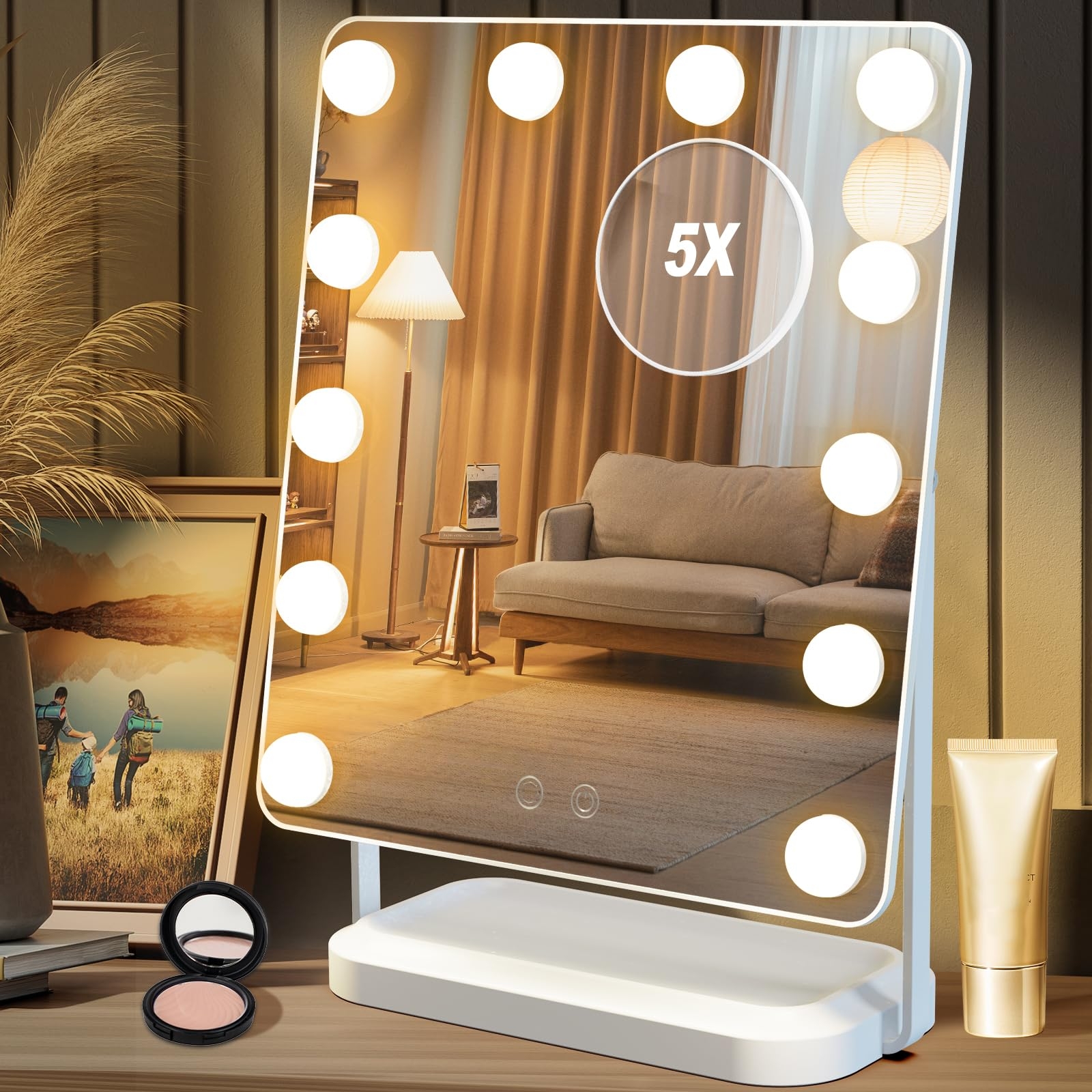 BanBers Hollywood Vanity Mirrors with Lights 13" x 15" Lighted Makeup Mirror 12 LED Bulbs, Touch Control Led Mirror 3 Colors Light, 360 Degree Rotation Facial Mirror for Bedroom,Tabletop