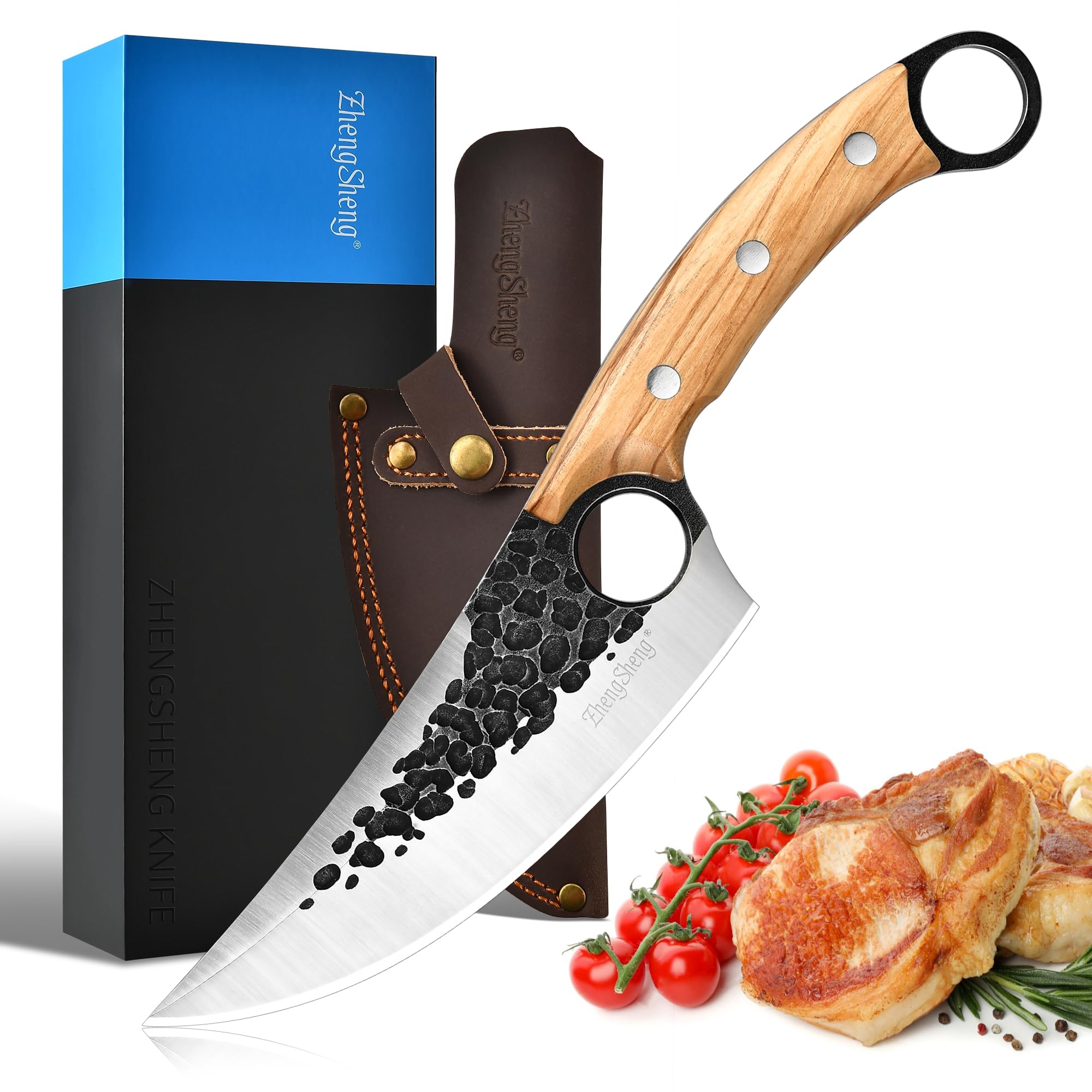 ZhengSheng 6.0” Chef Knife, Great Kitchen Knife with Leather Sheath Olive Handle Forged Viking Cleaver Knive Japanese Style knives for Home Cooking, Camping, BBQ