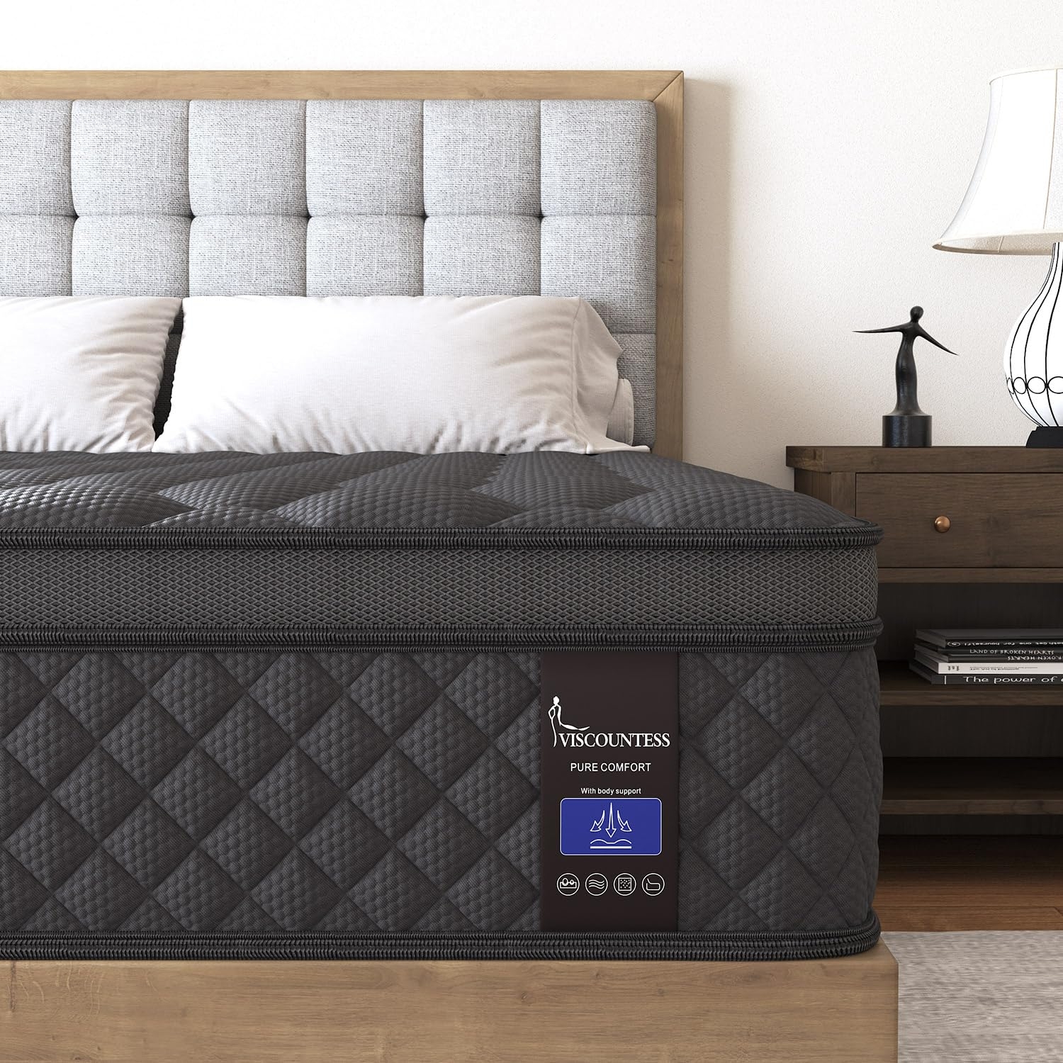 VISCOUNTESS Queen Mattress, 14 Inch Hybrid Mattresses Euro Top Medium Firm for Back & Lumbar Support, 100 Night Trial, Individual Pocket Spring Bed for Motion Isolation & Pressure Relief