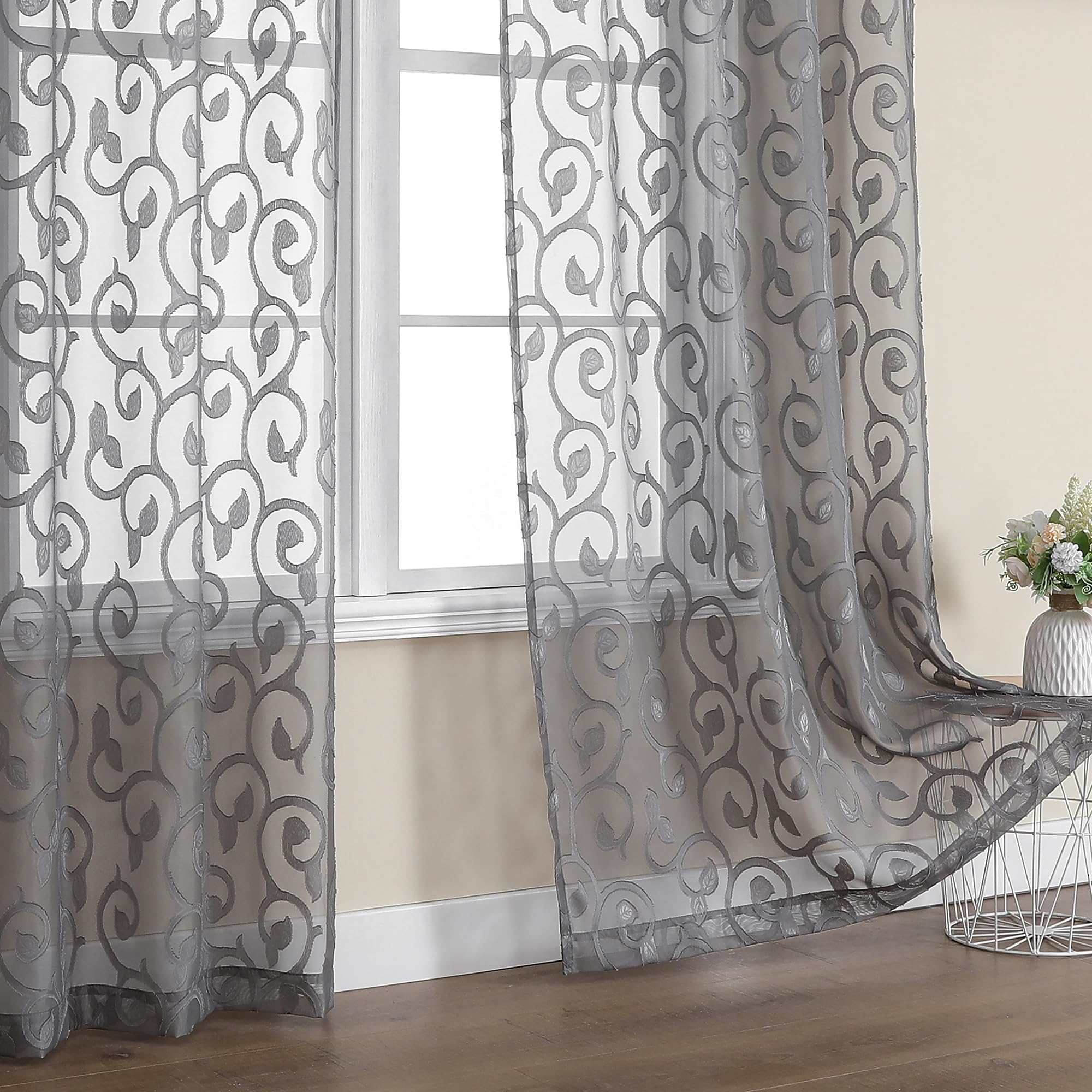 OWENIE Furman Sheer Curtains 84 inches Long for Bedroom Living Room 2 Panels Set, Light Filtering Window Curtains, Semi Transparent Voile Top Dual Rod Pocket, Grey, 40Wx84L inch, Total 84 Inches Width