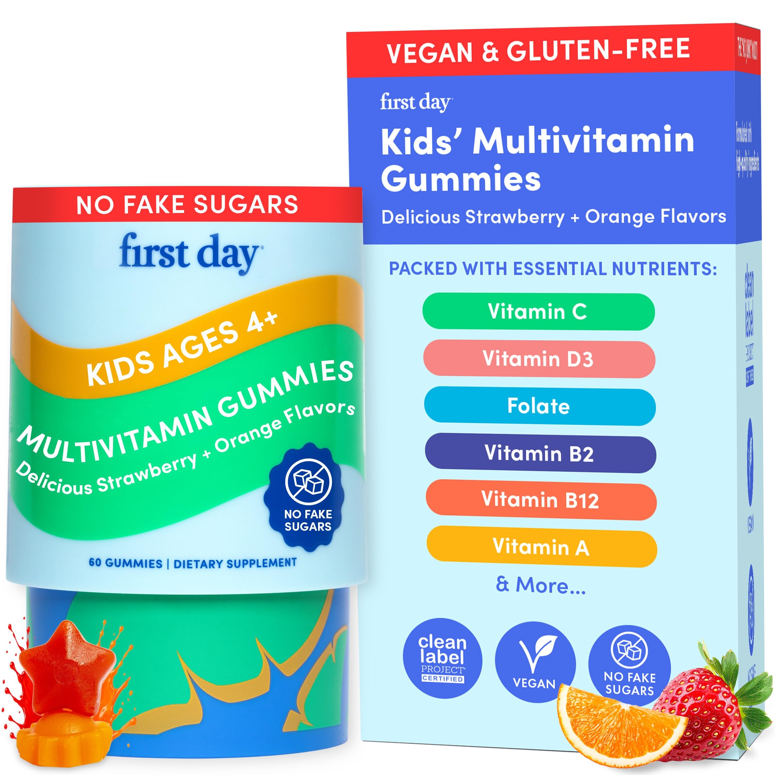 First Day Kids Multivitamin Gummies Age 4+, Strawberry & Orange - Kids Vitamins Multivitamin Gummy A C D3 K2 B1 B2 B6 B12 Folate, Immunity & Brain Function, Vegan - 30 Day Supply, Packaging May Vary
