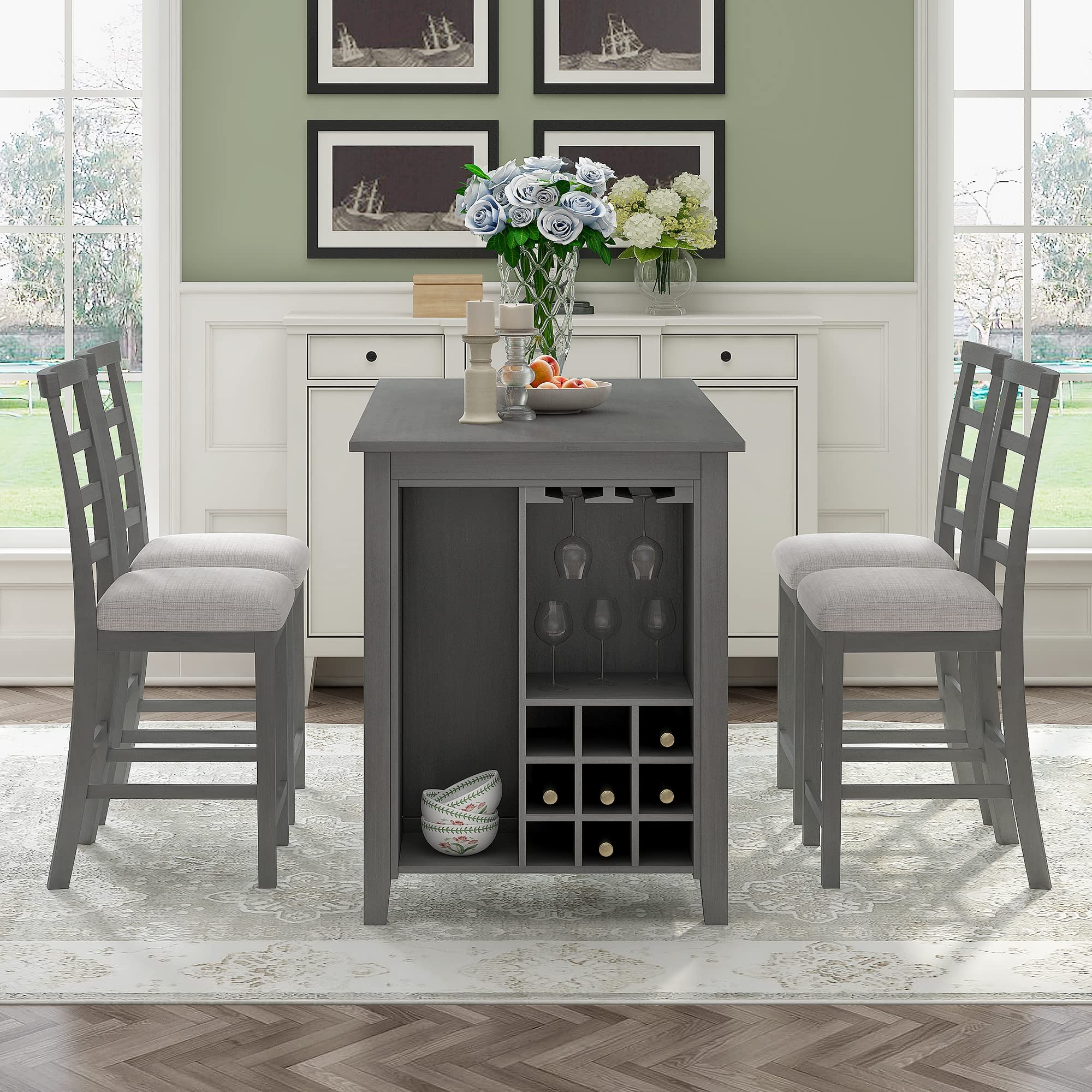 LUMISOL Farmhouse Dining Table Set for 4, Dining Table with Storage Integrated 9 Wine Compartment and Wineglass Holders, 5 Piece Dining Table Set with 4 Upholstered Chairs for Dining Room Kitchen