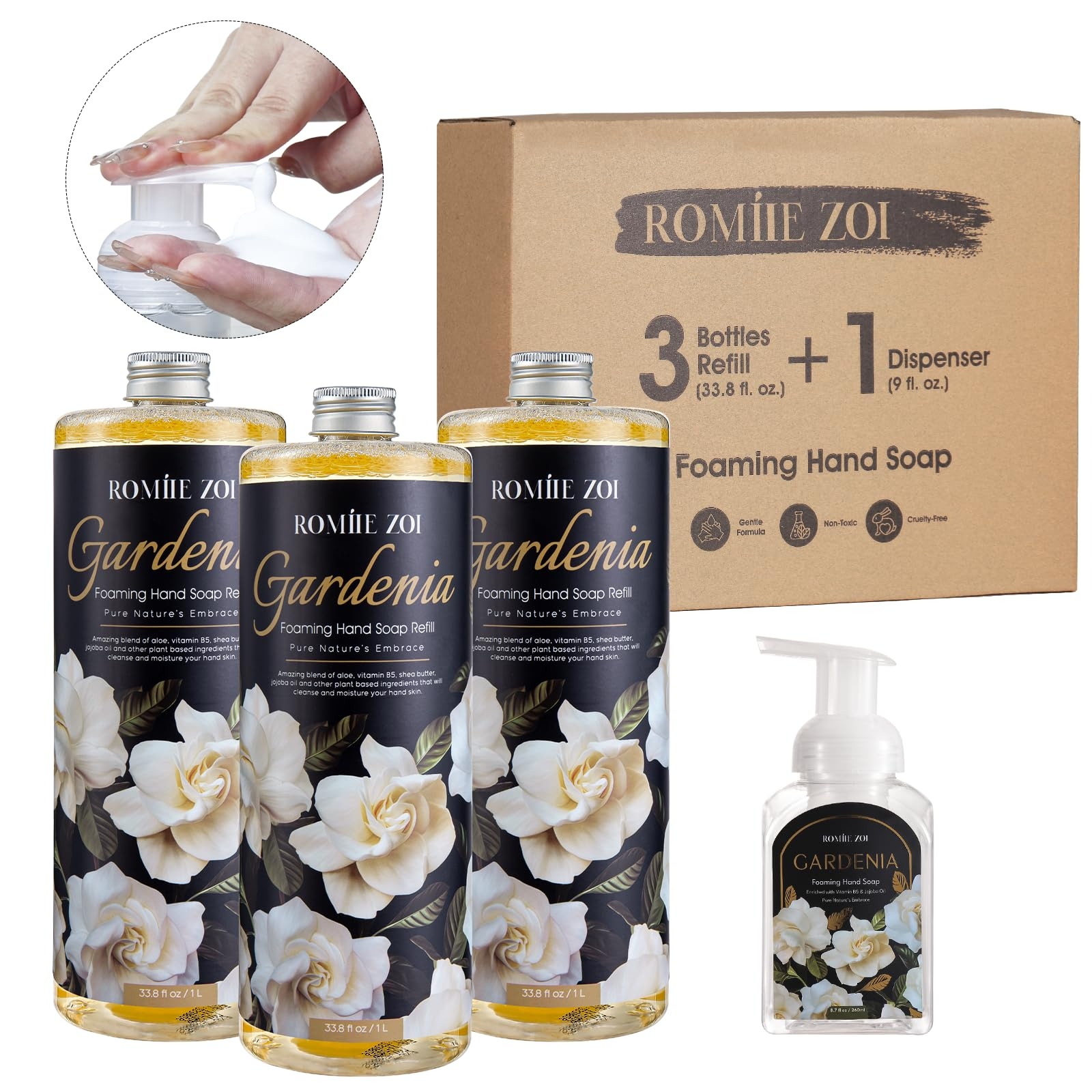 ROMIIE ZOI Gardenia Foaming Hand Soap Refill Gift Set, Non-Toxic & Biodegradable, Sensitive Skin Friendly