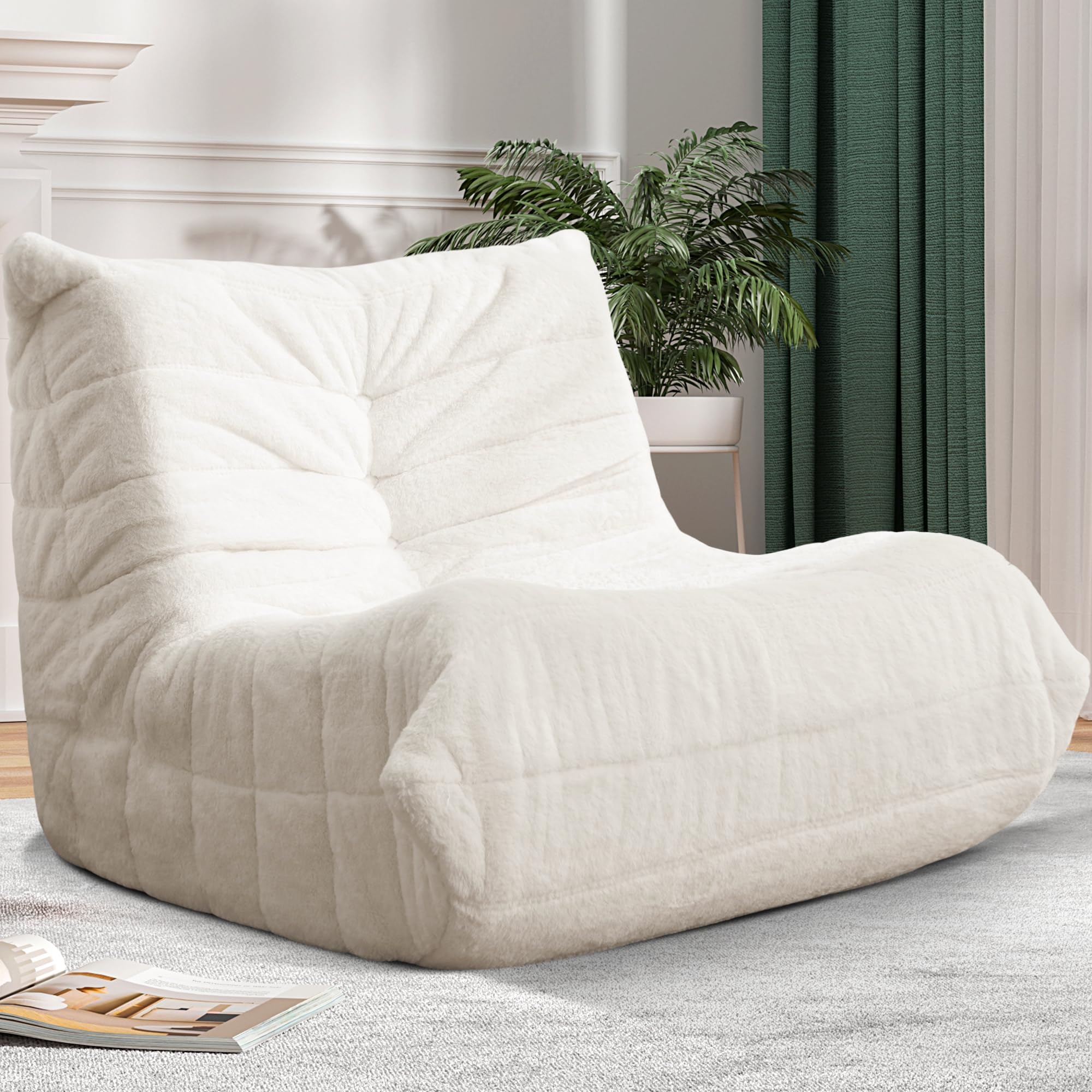 Cansunna Bean Bag Chair Big Sofa Beanbag Chair for Adults Fireside Chair Bean Bag Lounger with Memory Foam Filled for Home,Apartment or Gaming Venue (White Plush)