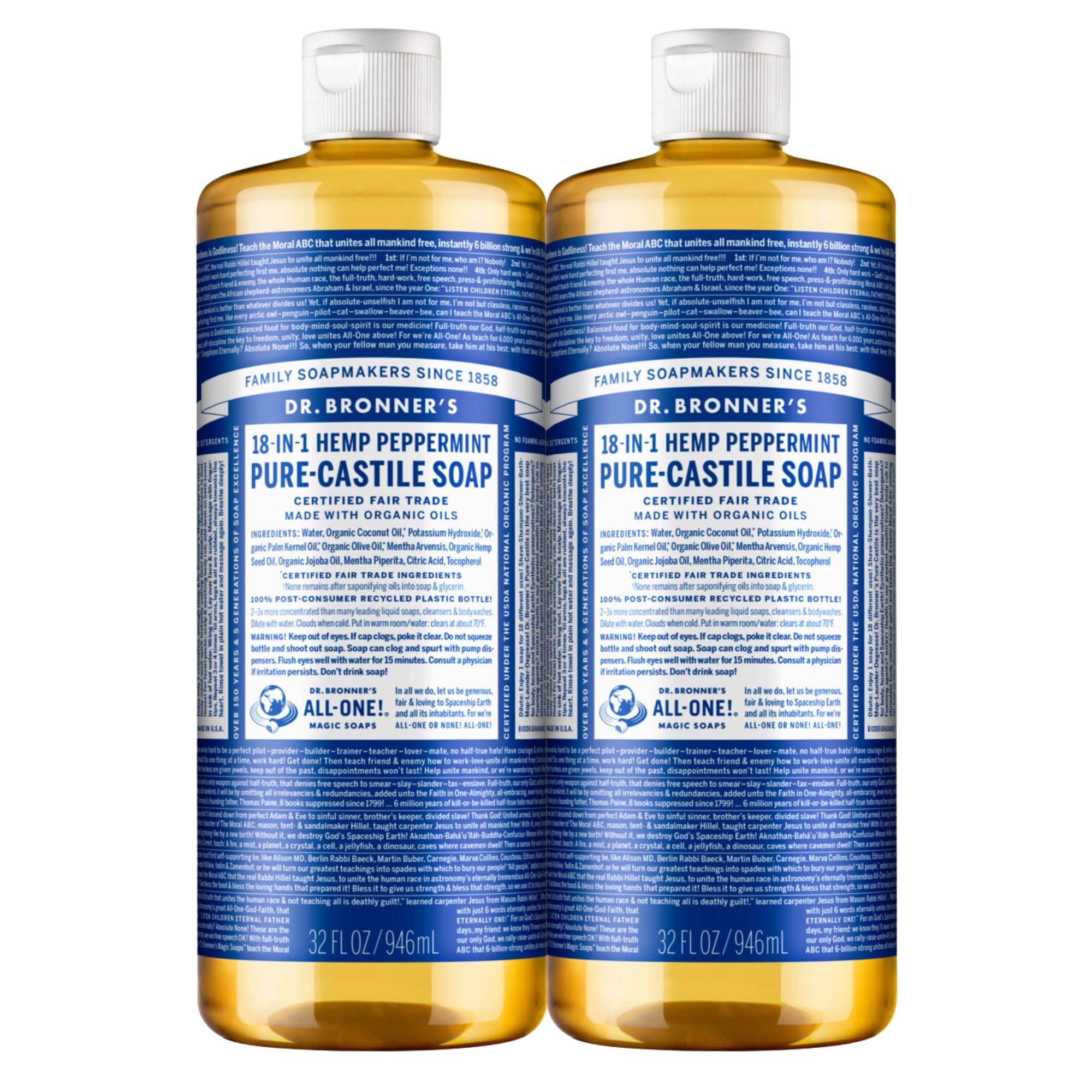 Dr. Bronner's Pure-Castile Magic Liquid Soap Made with Organic Oils Soap Liquid for Body, Face, Hair, Dishes, Pets, Laundry Natural, Vegan, Soap - Peppermint, 32 oz (2-Pack)