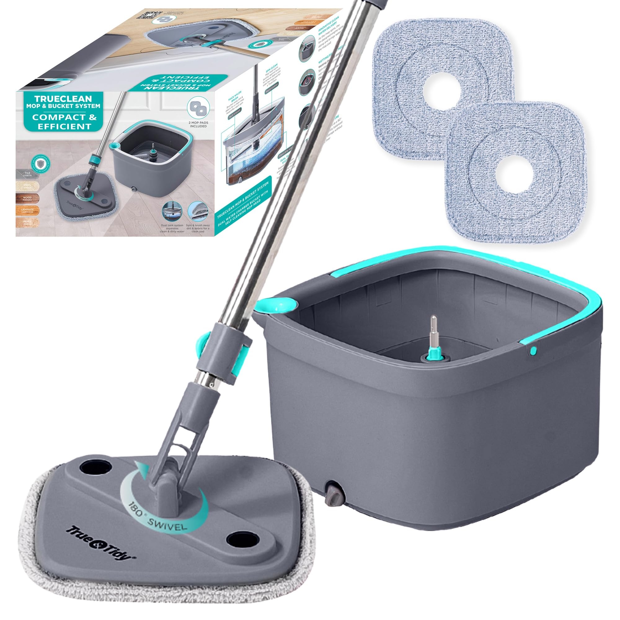 TRUE & TIDY Square Spin Mop & Bucket System – Dual Chamber for Clean & Dirty Water, 360° Rotating Self-Wringing Mop with Built-in Scrub Brush, Stainless Steel Handle & 2 Reusable Microfiber Mop Pads