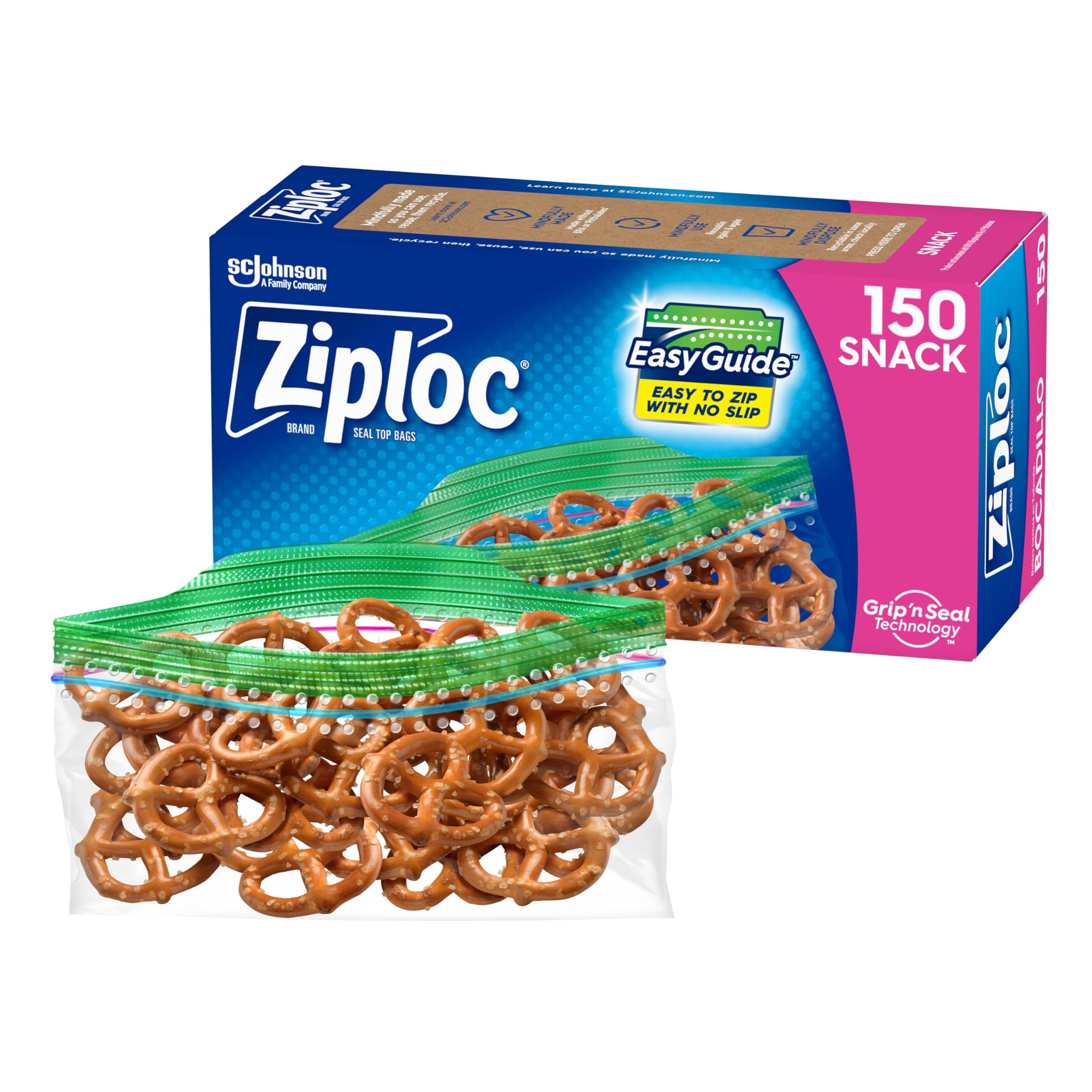 Ziploc Snack Bags with EasyGuide Texture, Small Plastic Storage Bags with Grip 'N Seal Technology, 150 Bags Total