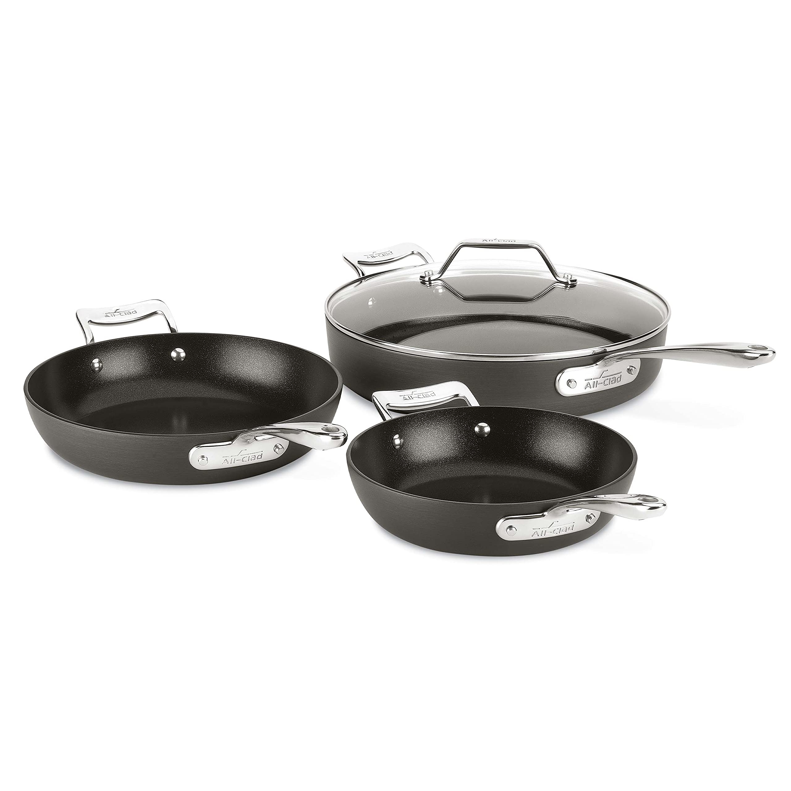 All-Clad Essentials Hard Anodized Nonstick Sauce Pan Set 4 Piece, 8, 10.25 Inch, 4 Quart Oven Broiler Safe 500F Pots and Pans, Cookware Black