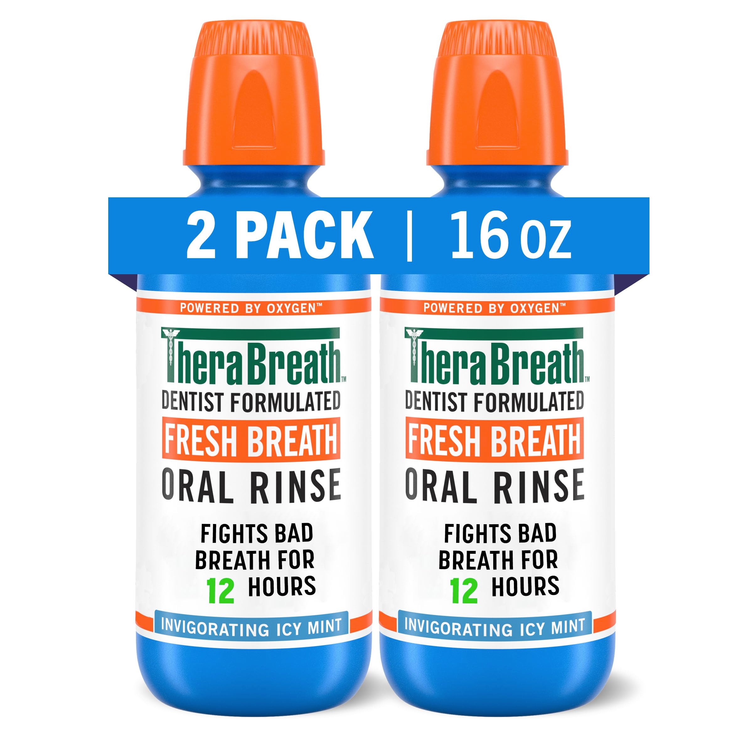 TheraBreath Fresh Breath Mouthwash, Icy Mint Flavor, Alcohol-Free, 16 Fl Oz (Pack of 2)