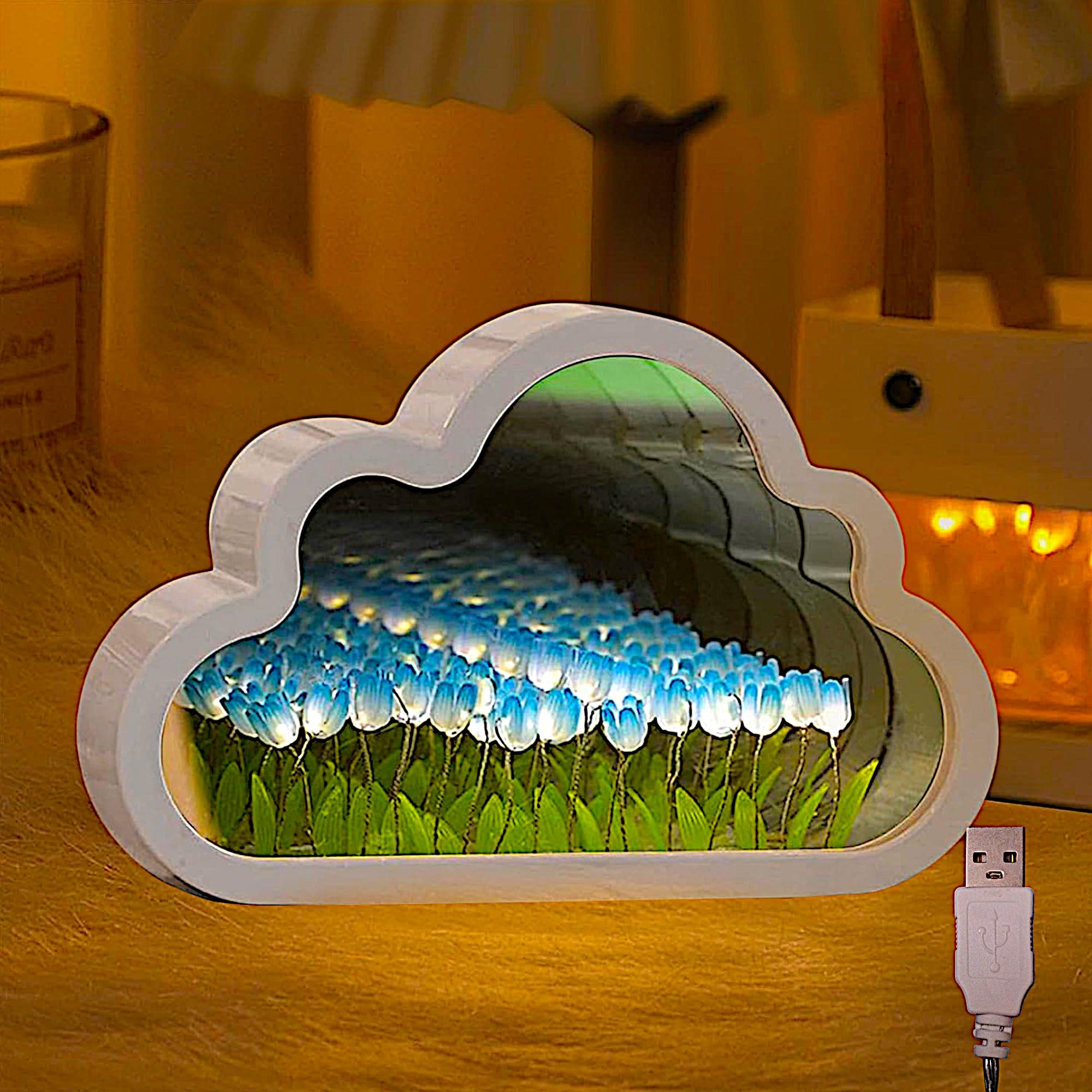ALYMACK Handmade Tulip Lamp Fully Assembled - Flower Night Light Cuteness Lamps - Tulip and Rose Infinity Mirror in a Glass - Gift for Women or Girl - Lampara de Tulipanes Infinitos (Blue, USB)