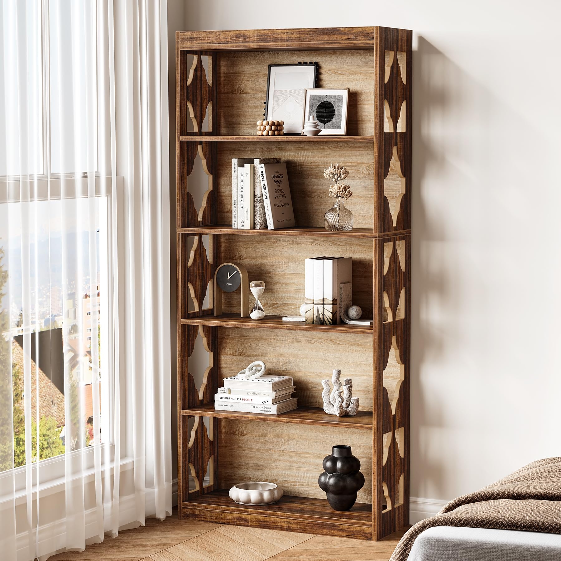 LITTLE TREE 69.9" Vintage Bookshelf, 5-Tier Tall Bookshelves, Cutout Design Vertical Bookcase, Freestanding Storage Display Shelf for Living Room, Bedroom, Study, Office, 1 Pack