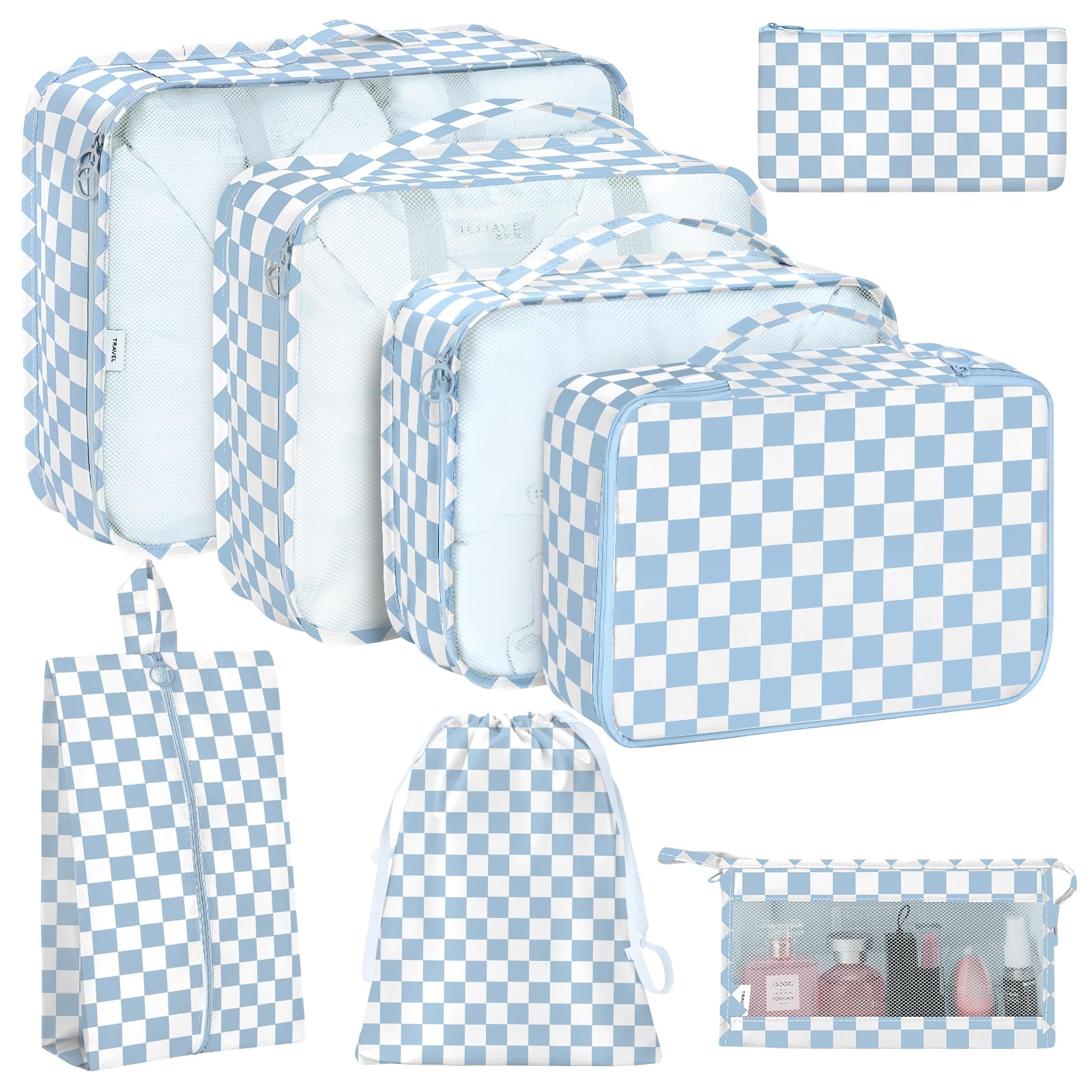 8 Set Packing Cubes for Travel, Luggage Packing Organizers Accessories Large Toiletries Bag for Clothes Shoes Cosmetics (Blue Checkered)