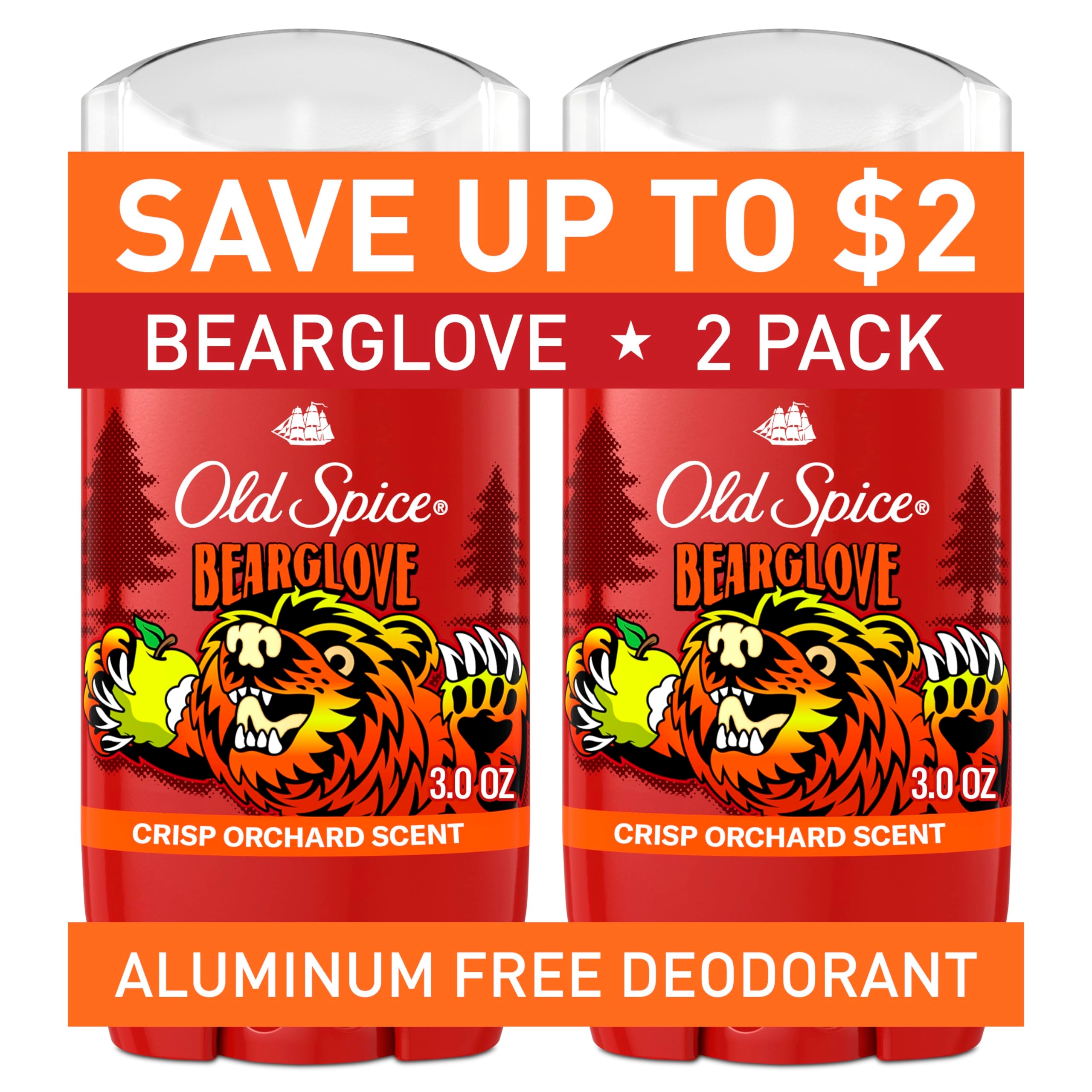 Old Spice Aluminum Free Deodorant for Men, 24/7 Odor Protection, 24/7 Freshness & Lasting Scent, Goes on Clear, Bearglove with Crisp Orchard Scent, 3.0 oz (Pack of 2)