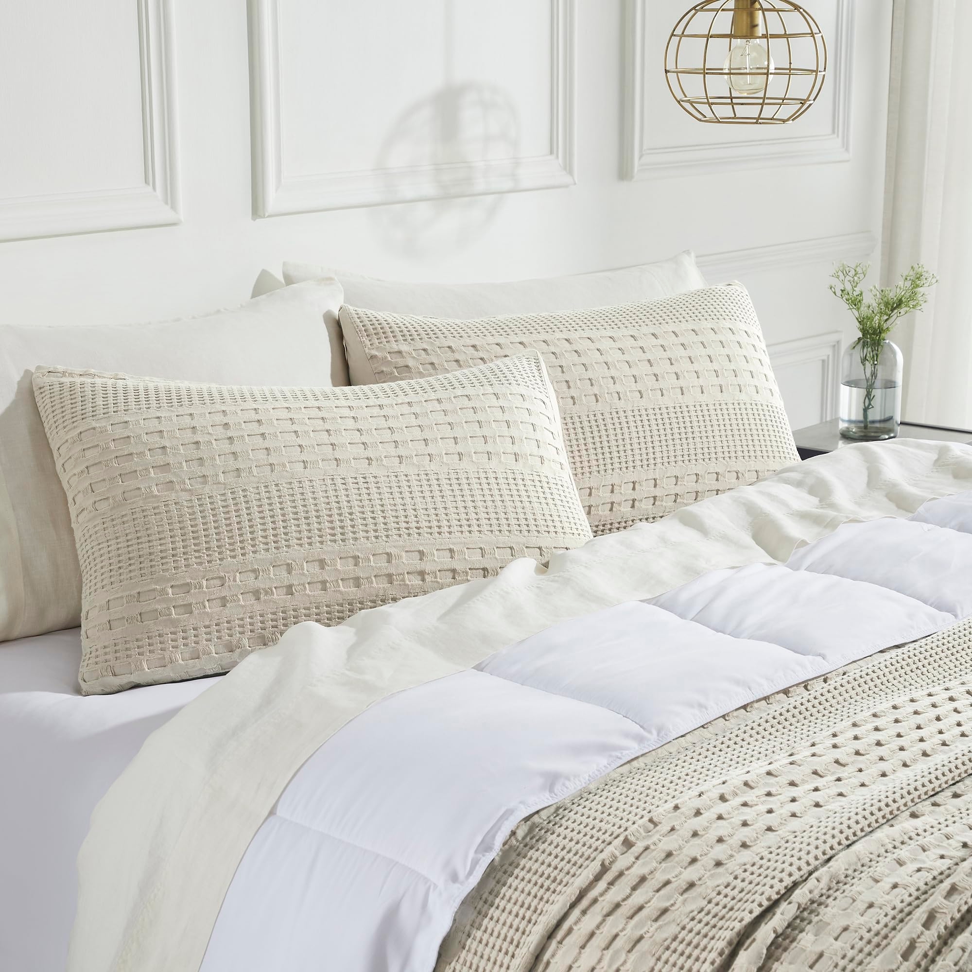 VHC Brands 100% Cotton Waffle Weave Natural King Size Sham Set of 2 20x36, Decorative Throw Pillow Covers/Shams, Boho Farmhouse Bedroom Decor