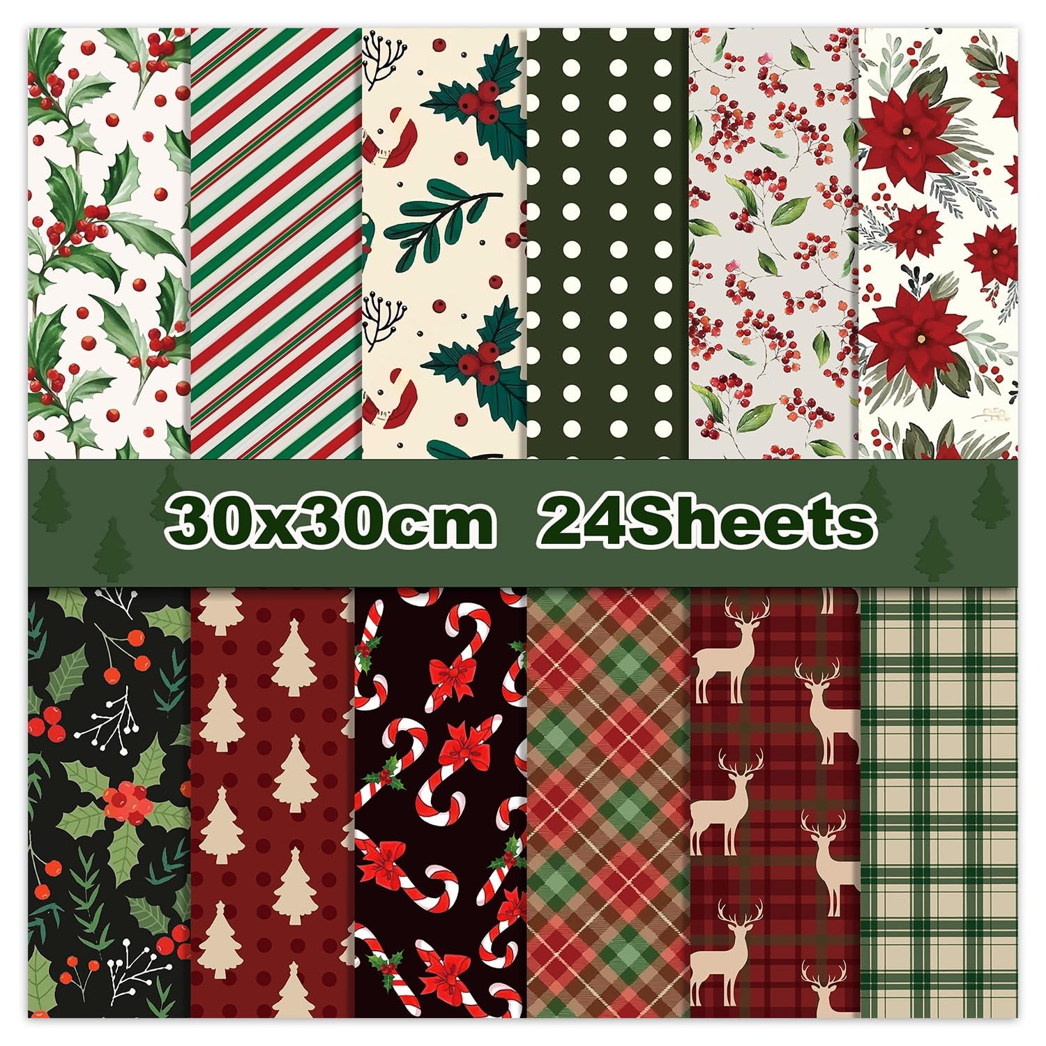 Christmas Pattern Paper Pad Red Green Textured Scrapbook Double Sided Folded Flat Xmas Craft Paper for DIY Background Card Making Scrapbooking Photo Album