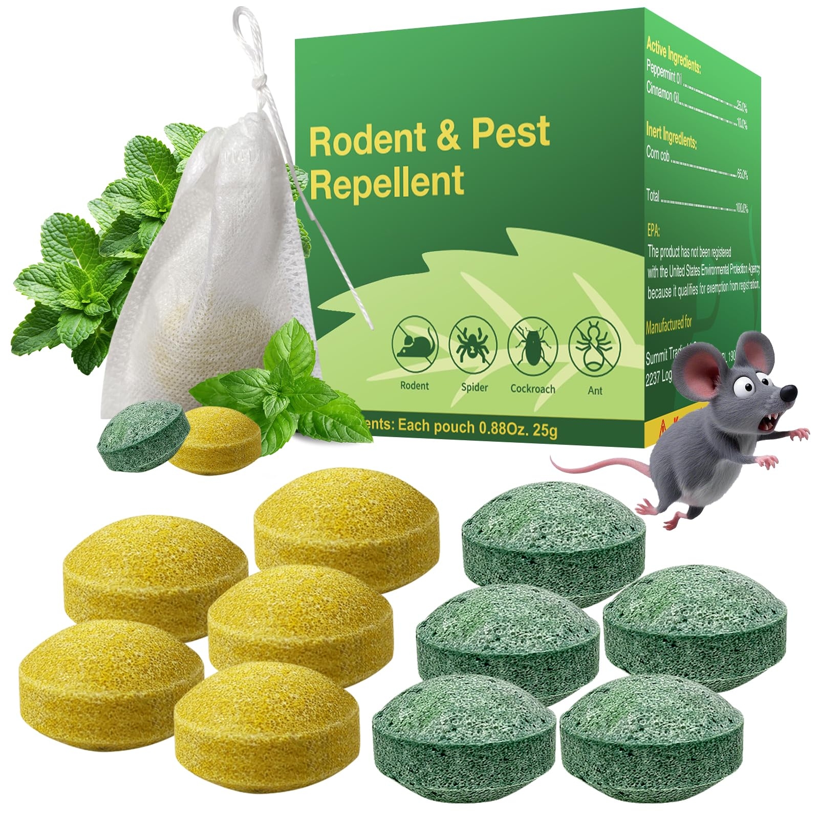 Mouse Repellent Outdoor, 10 Pack Natural Peppermint Oil Mouse and Squirrel Deterrent for Attic, Garage, Indoor, Rat Poisoning for Inside, Keep Rodents Out of Car