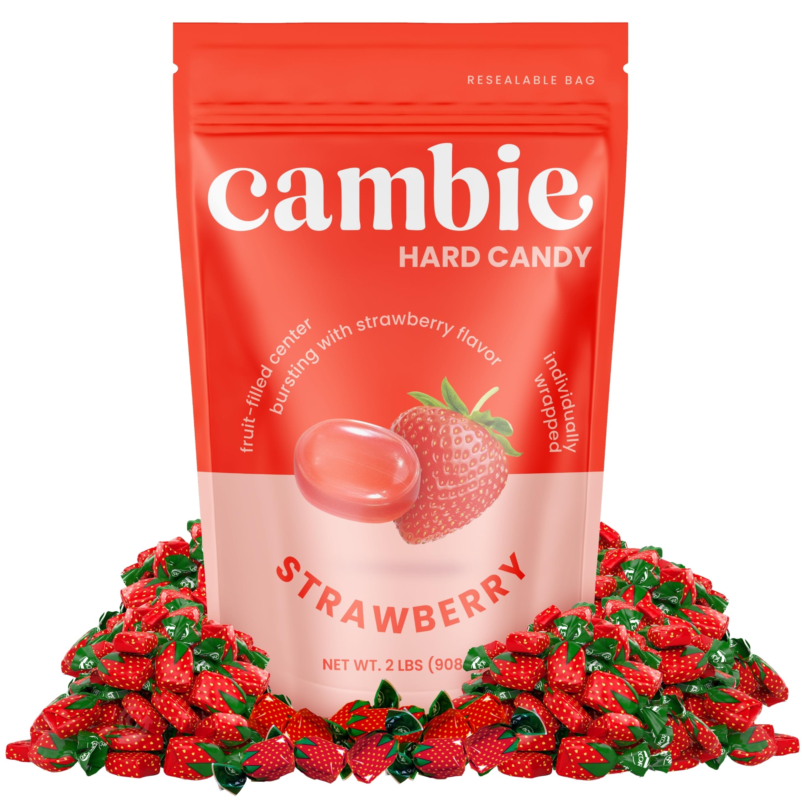 Strawberry Hard Candy Individually Wrapped by Cambie, 2 lbs of Strawberry Candy with a Deliciously Sweet Hard Exterior with a Soft, Fruit-Filled Center