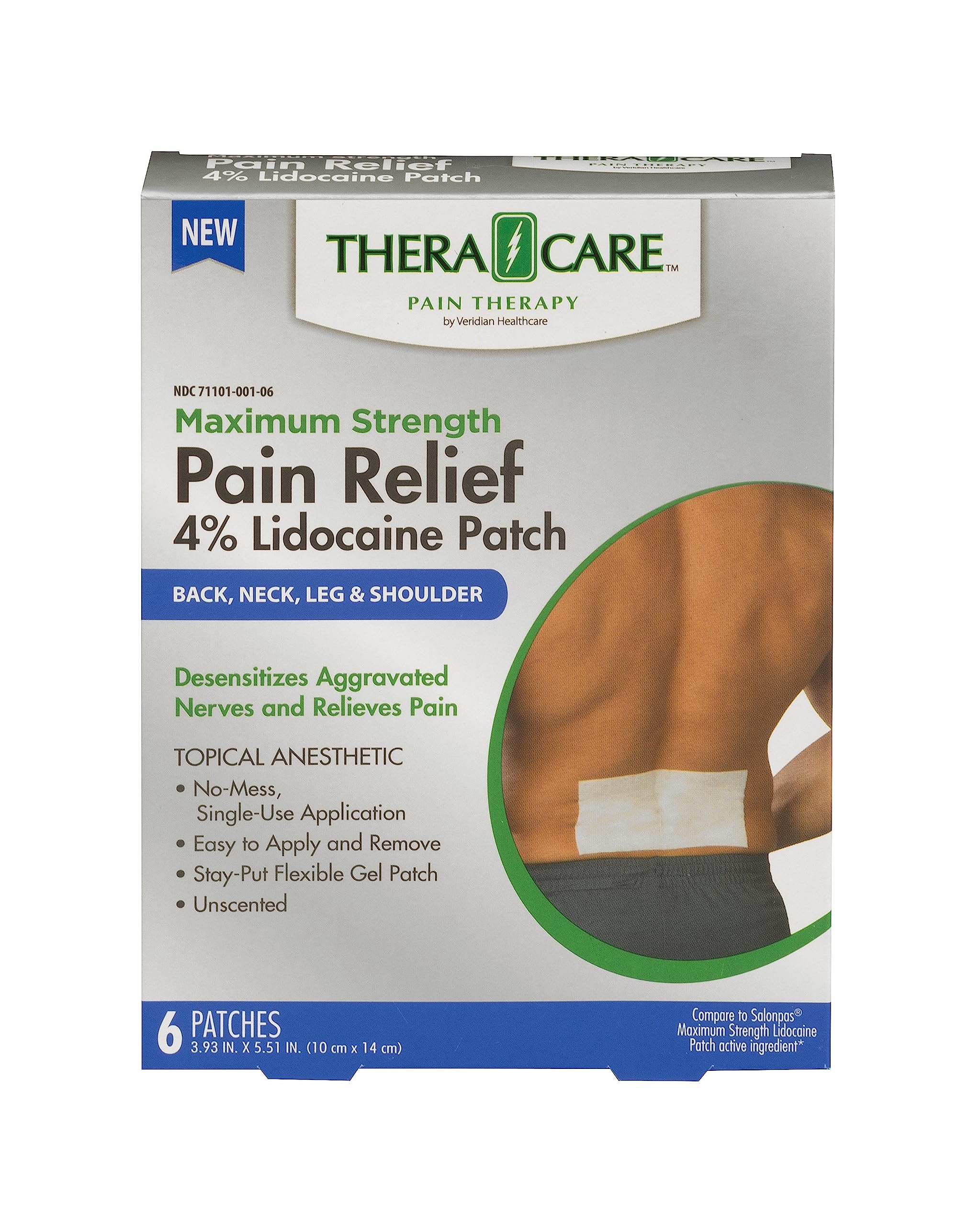 Thera|Care Maximum Strength OTC Pain Relief Patch | 4% Lidocaine Patch | 3.9” x 5.5” | 6-Count Box