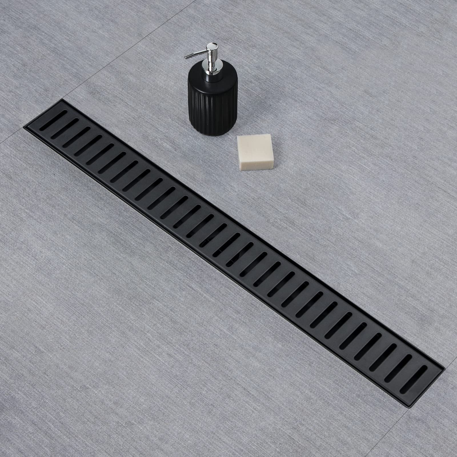 SaniteModar Linear Shower Drain, 32 inch Black Shower Drain with Removable Capsule Pattern Grate,304 Stainless Steel Shower Drain Include Hair Strainer,Adjustable Leveling Feet