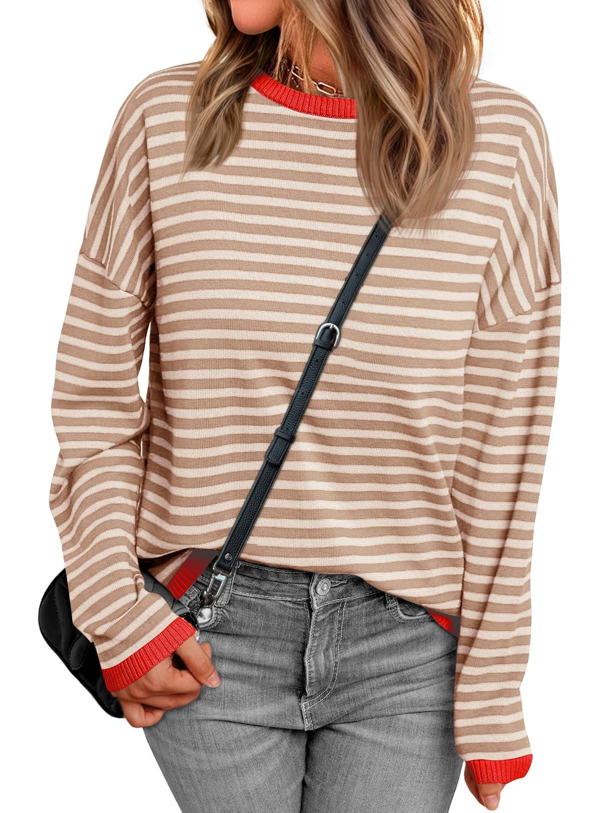 LUYAA Women's Casual Pullover Sweaters Striped Long Sleeve Crewneck Knit Loose Fall&Winter Tops
