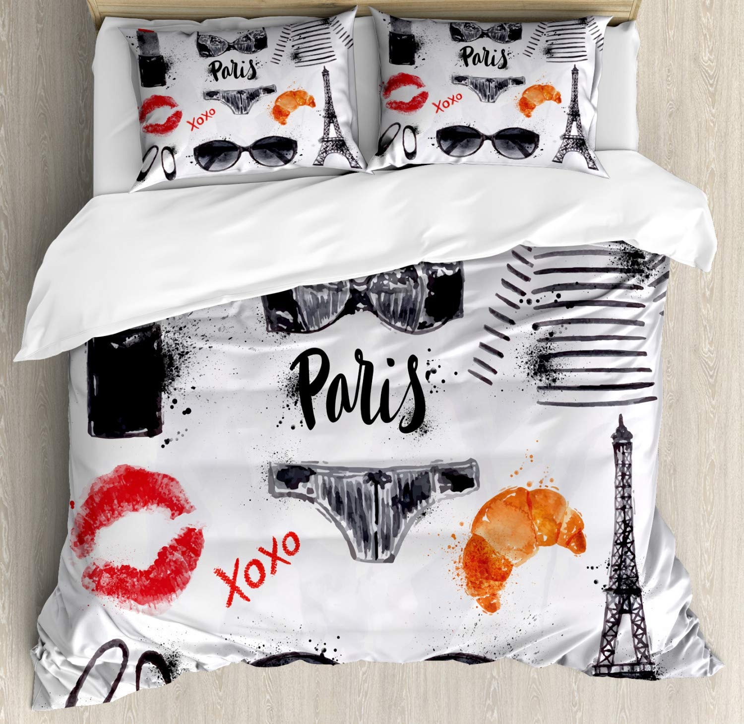 Lunarable Paris Duvet Cover Set, Eiffel Tower Glasses Lipstick Shoes Lingerie Accessories, Decorative 3 Piece Bedding Set with 2 Pillow Shams, California King, Vermilion Pale Grey