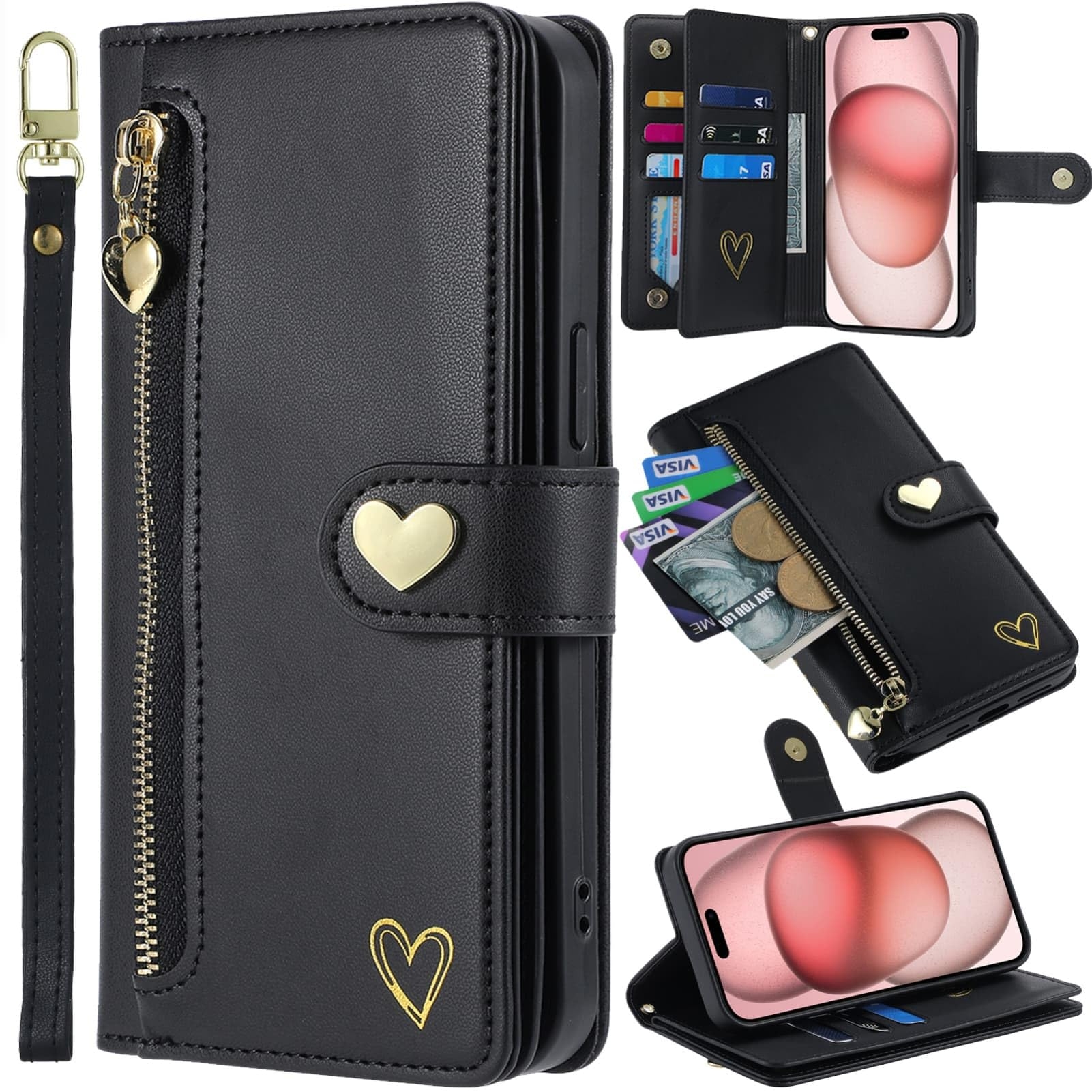 for iPhone 16 Pro Max Phone Case Leather Wallet Pocket Folio Flip Cover Kickstand, 3 Layer Multi Card Holder Cash Slot Photo Bag, Golden Love Zipper Puller + Magnetic Buckle, Wrist Strap
