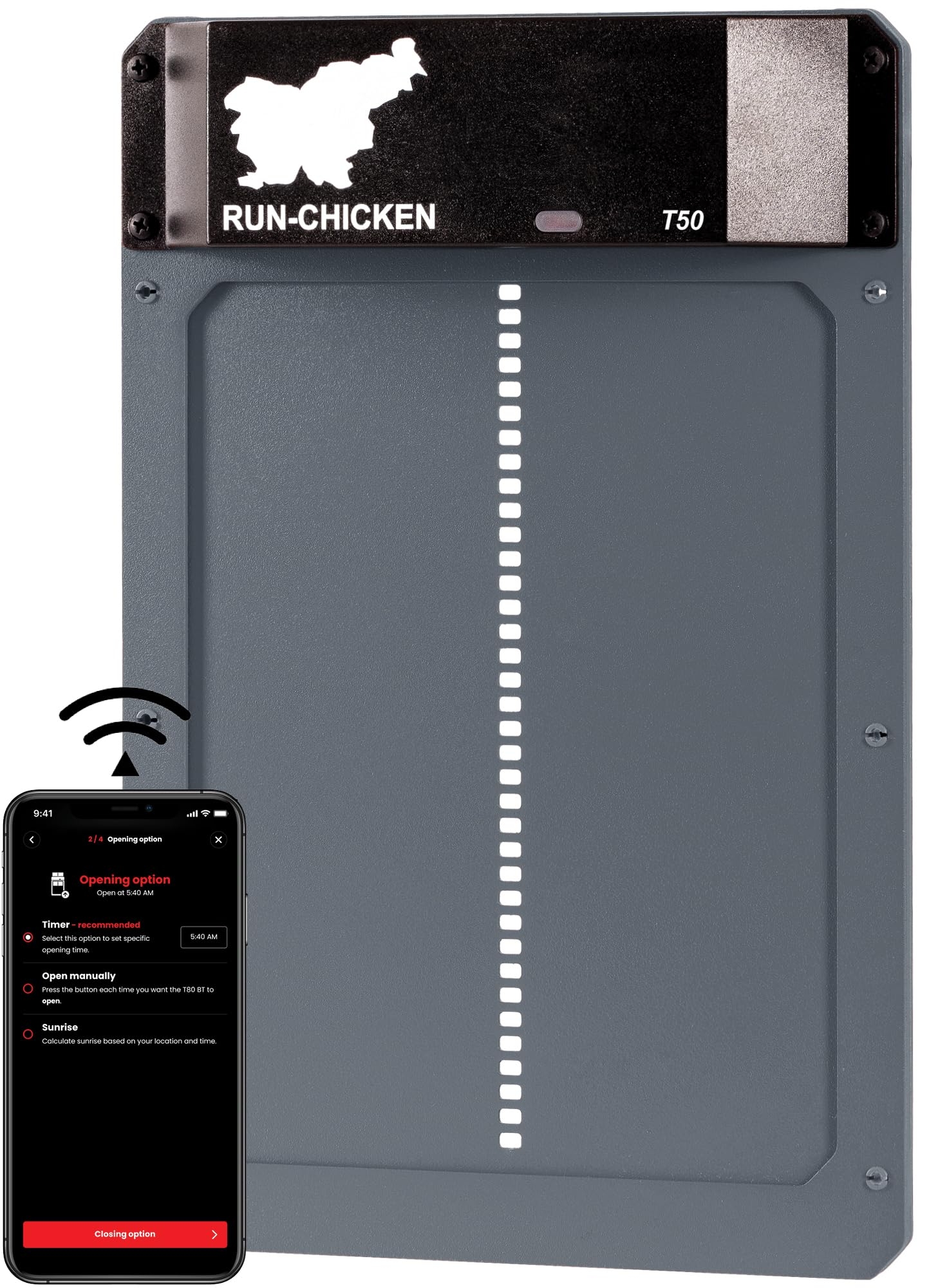 RUN-CHICKEN Door Automatic Chicken Coop Door Opener with Timer, Programmable Light Sensor, Battery Powered, Evening and Morning Delay, Aluminum , Model T50, (Gray)