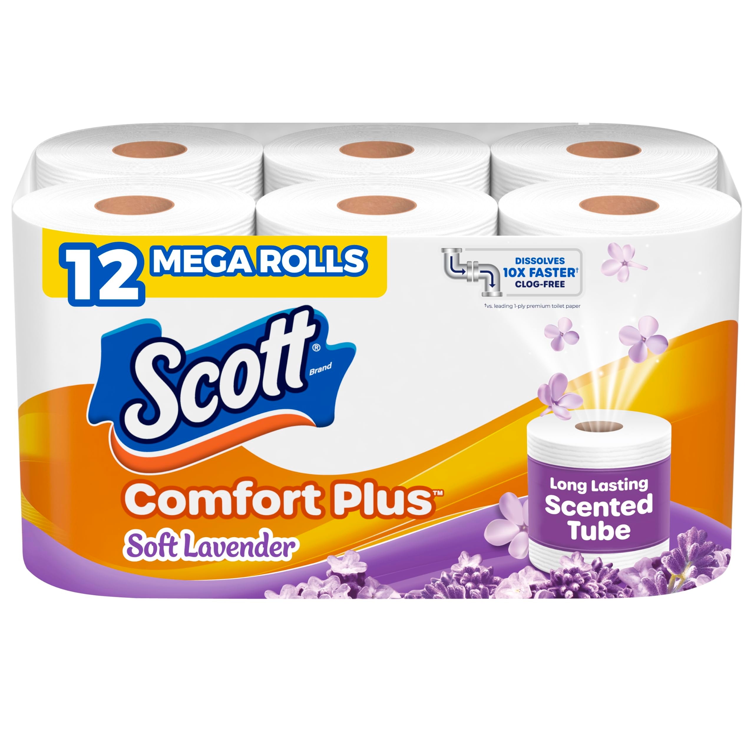 Scott ComfortPlus Toilet Paper with Soft Lavender Scented Tube, 12 Mega Rolls, 310 Sheets per Roll, Septic-Safe, 1-Ply Toilet Tissue