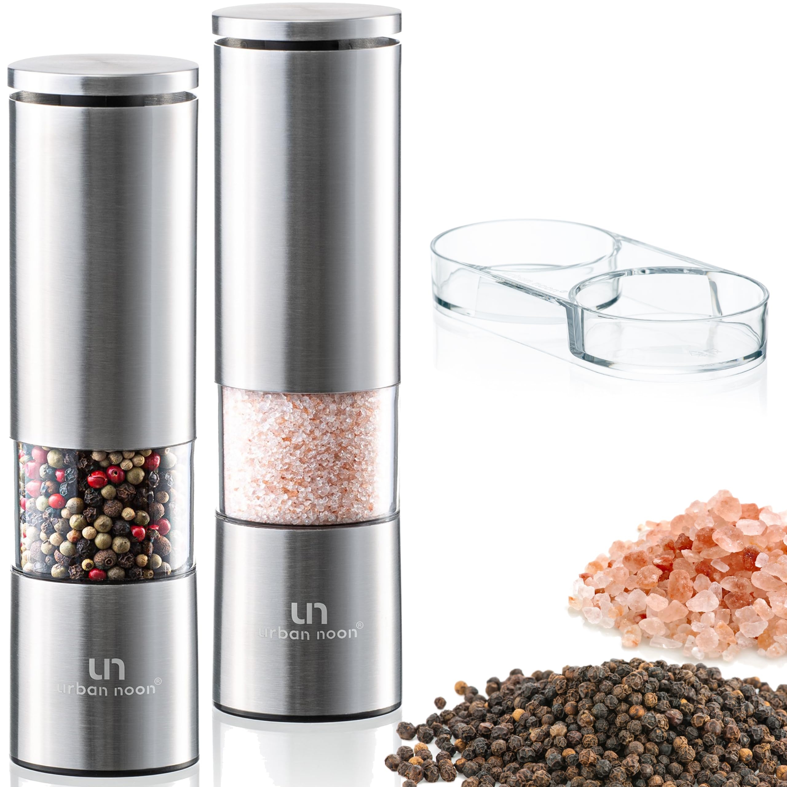 Salt and Pepper Grinder Set - Stainless Steel Pepper Grinder and Salt Grinder with Tray in Luxurious Gift-Box - Manual Mills with Ceramic Grinders and Adjustable Coarseness (Set of 2 plus Tray)