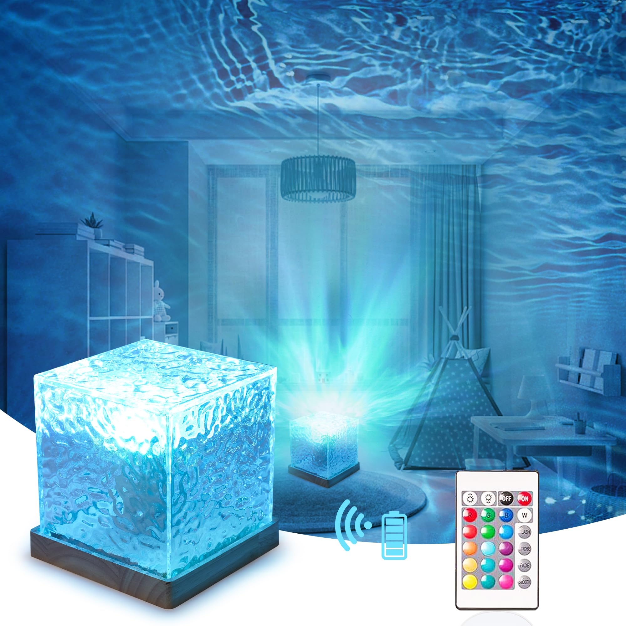 RICHMYC Ocean Wave Projector Light, 16 Colors Gradual Rotating Water Lamp with Remote Control, Beach Decor Sea Themed Northern Lights Projector for Office Bedroom Bar Restaurant