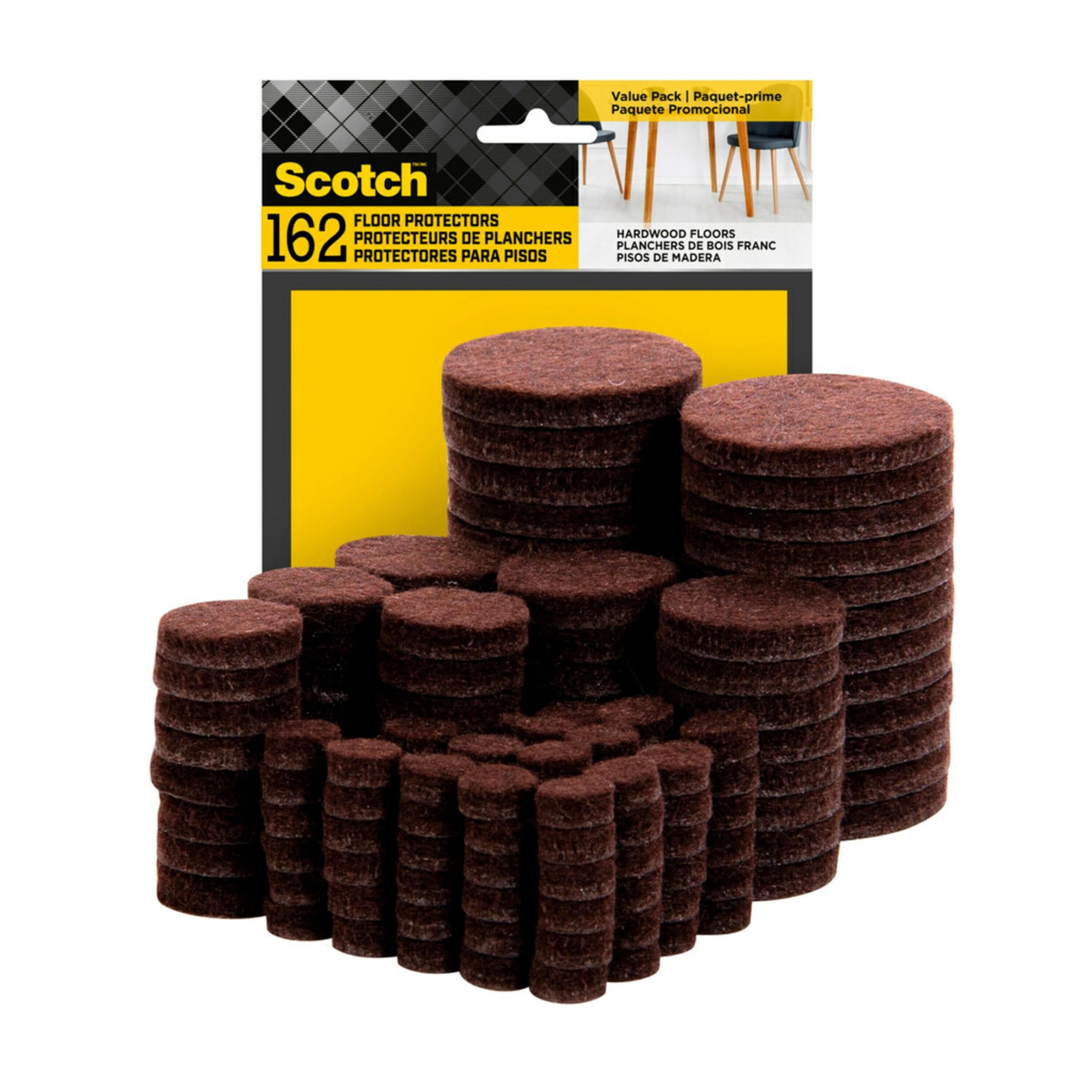 Scotch Felt Pads 162 PCS Brown, Felt Furniture Pads for Protecting Hardwood Floors, Round, Assorted Sizes Value Pack, Self-Stick design, Protecting from nicks, dents and scratches (SP847-NA)