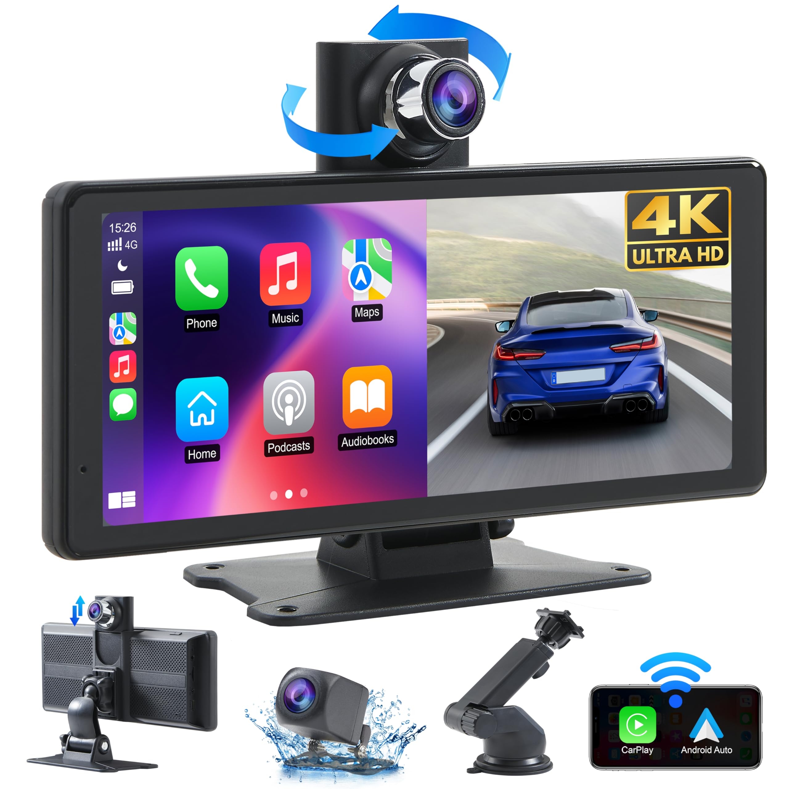 Wireless Car Stereo Carplay Screen with 4K Dash Cam, 8.1'' Portable 2K Touch Screen with 1080P Backup Camera, GPS Navigation for Car Play, Android Auto, Voice Control, Mirror Link, DVR, Bluetooth