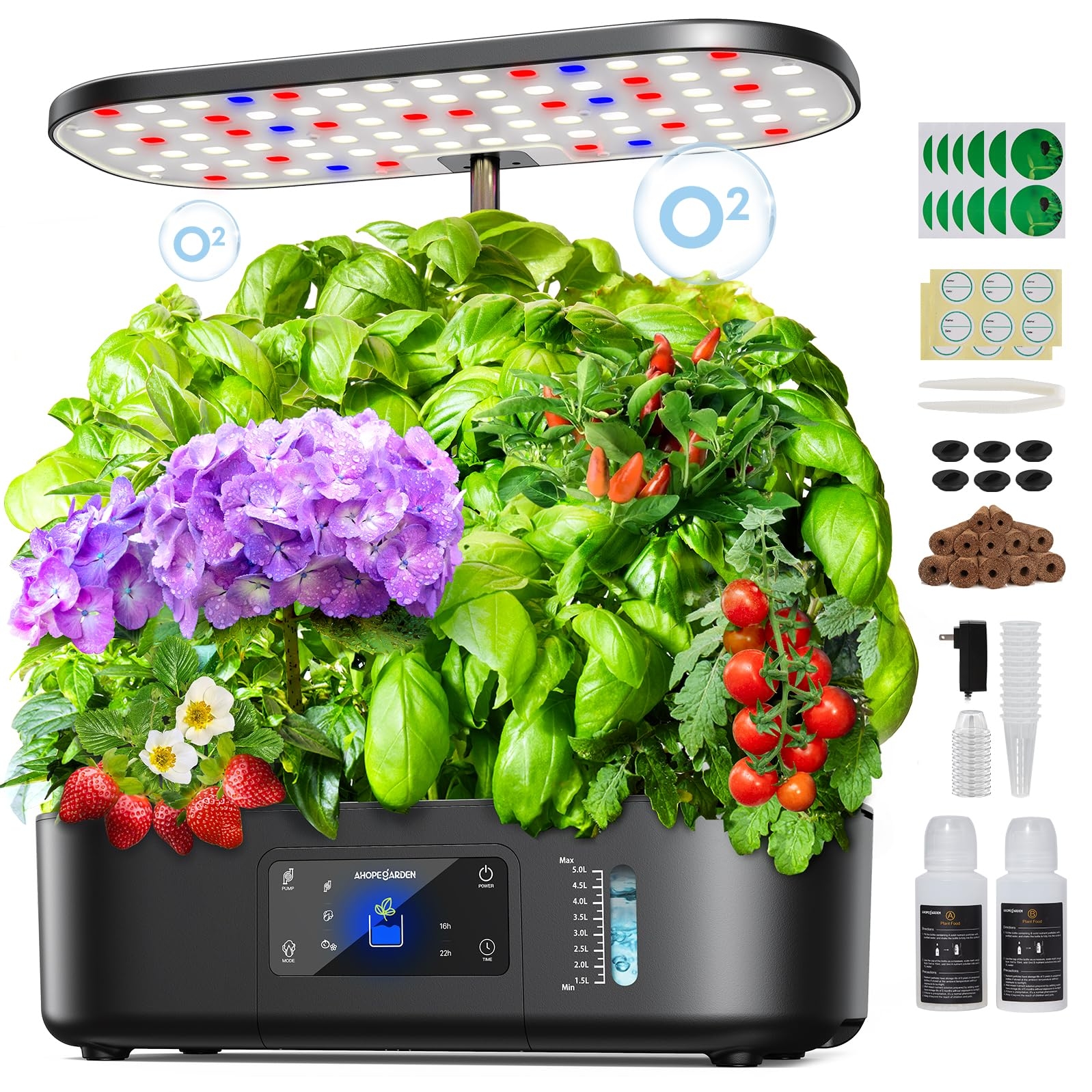 Ahopegarden Hydroponics Growing System Kit Indoor Herb Garden with Grow Light 12 Pods, with LCD Touch Panel Hydroponic Planter, Planting Height Up to 17", Grower Harvest Fresh Veggie Lettuce, Black