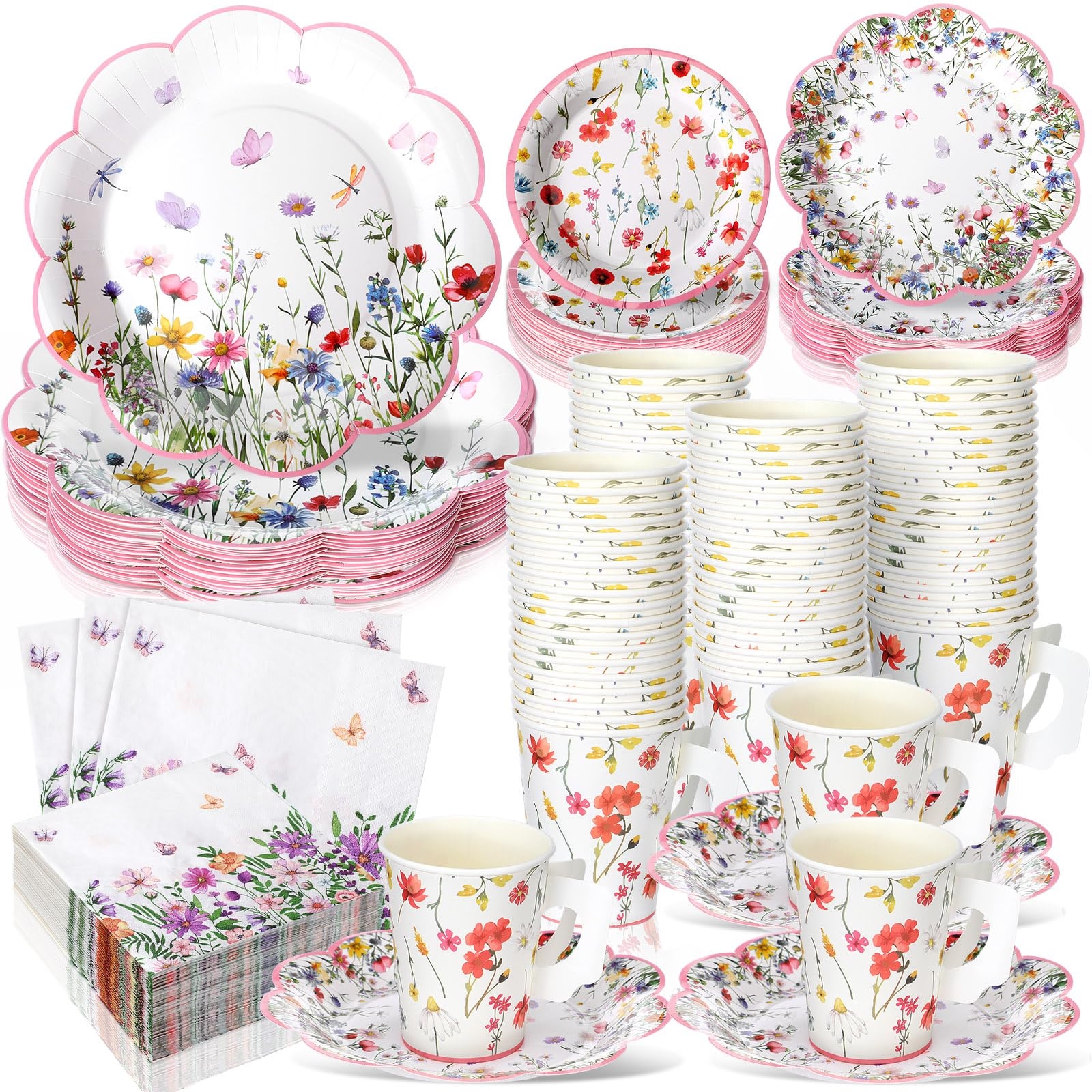 Pickmesh 252 Pcs Floral Tea Party Supplies for 36 Guests Wildflower Paper Disposable Dinnerware Floral Teacups with Handle and Saucers Sets for Tea Party Decorations Birthday Baby Shower Wedding