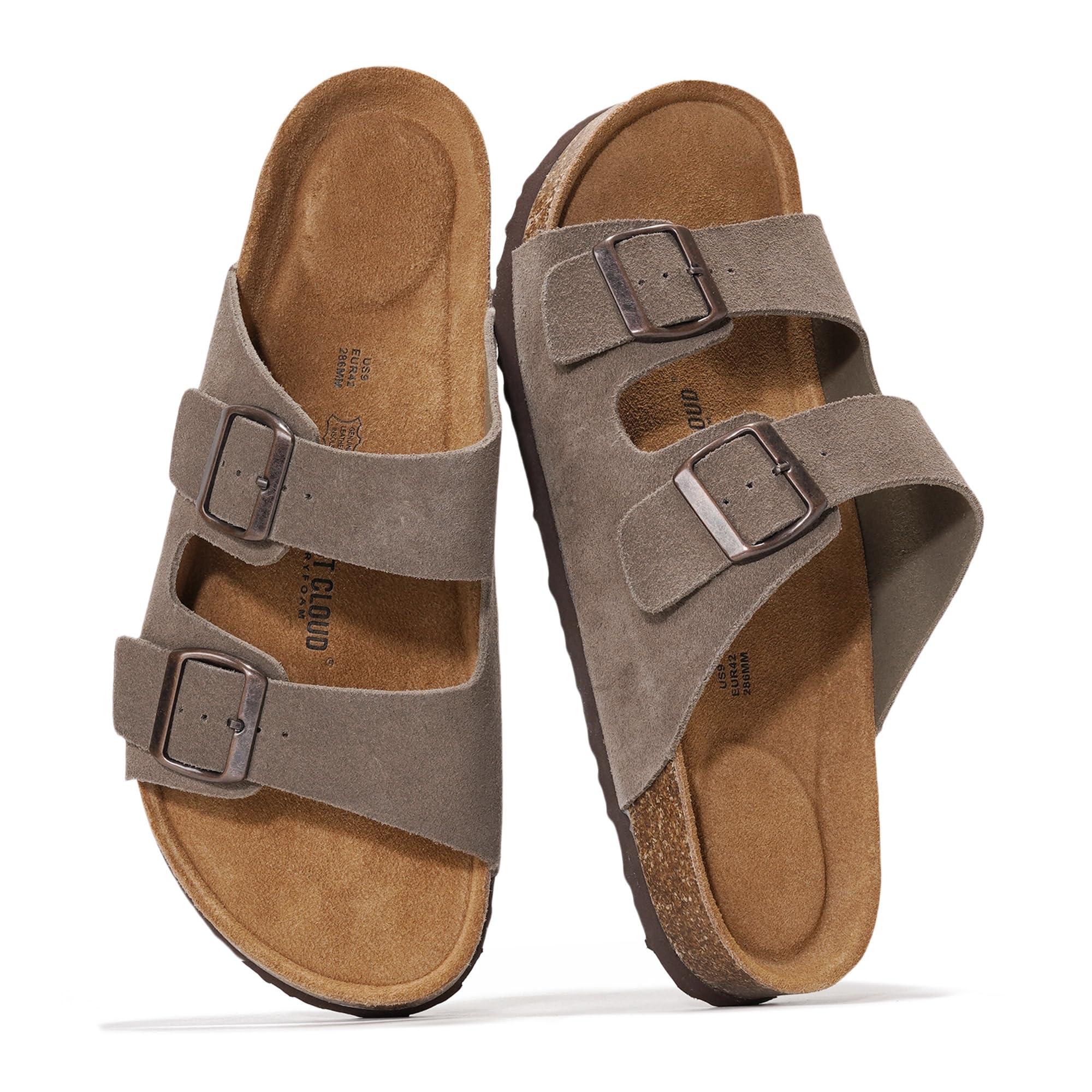 Project Cloud Genuine Leather Mens Sandals with Memory Foam Natural Cork Footbed Slides for Men Footwear - Non-Slip Double-Strap Buckle Summer Sandals (Arizona)