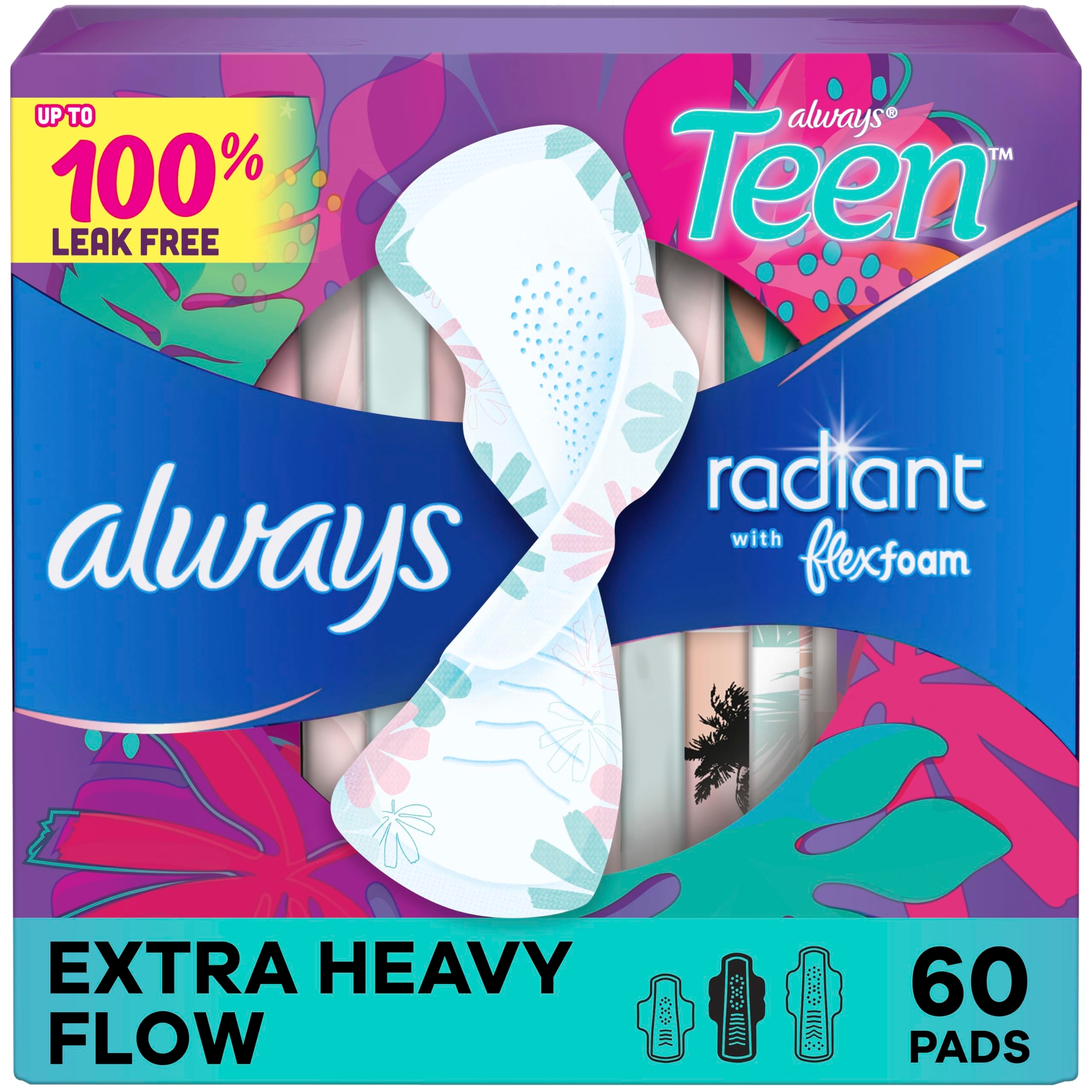 Always Radiant Teen Pads, Size 3, Extra Heavy, with Wings, Unscented, 20 Count x 3 Packs (60 Count Total)
