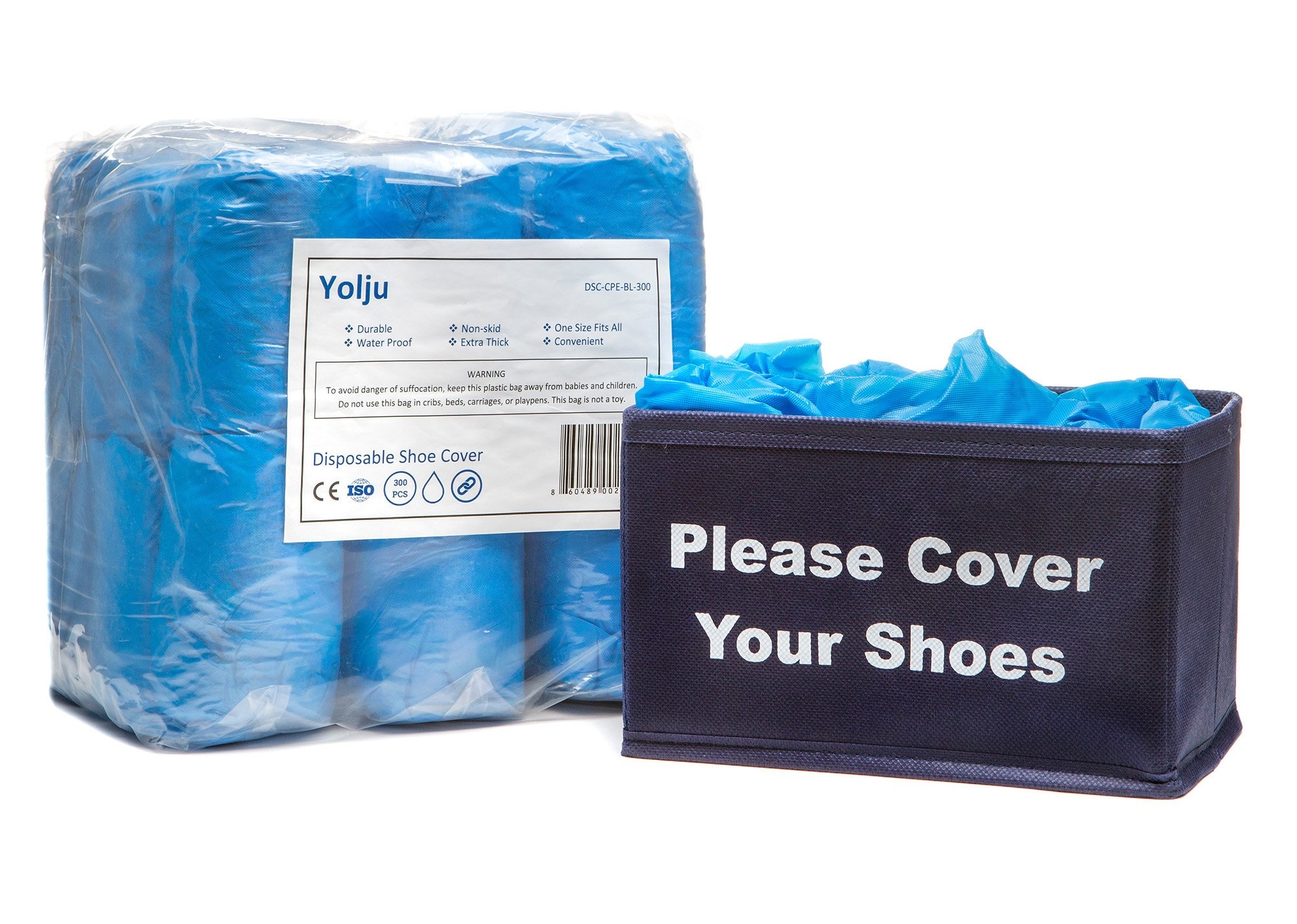 Yolju 300 Pack Disposable Shoe Covers with a Bonus Small Storage Box | Waterproof, Durable CPE Material