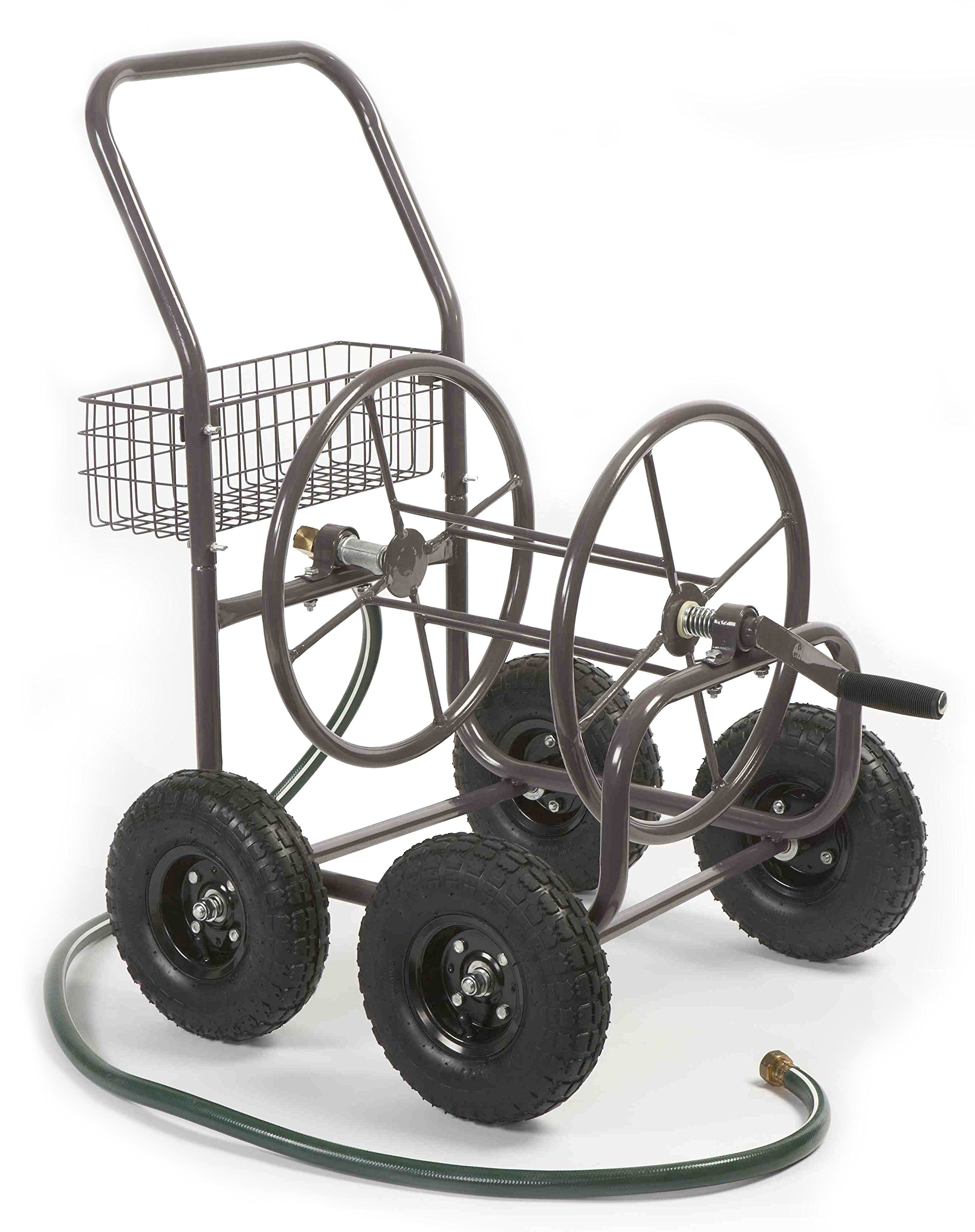 Liberty Garden Residential Grade Four Wheel 250 Foot Capacity Steel Frame Water Hose Reel Cart with Basket for Backyard, Garden, or Home, Brown, Bronze