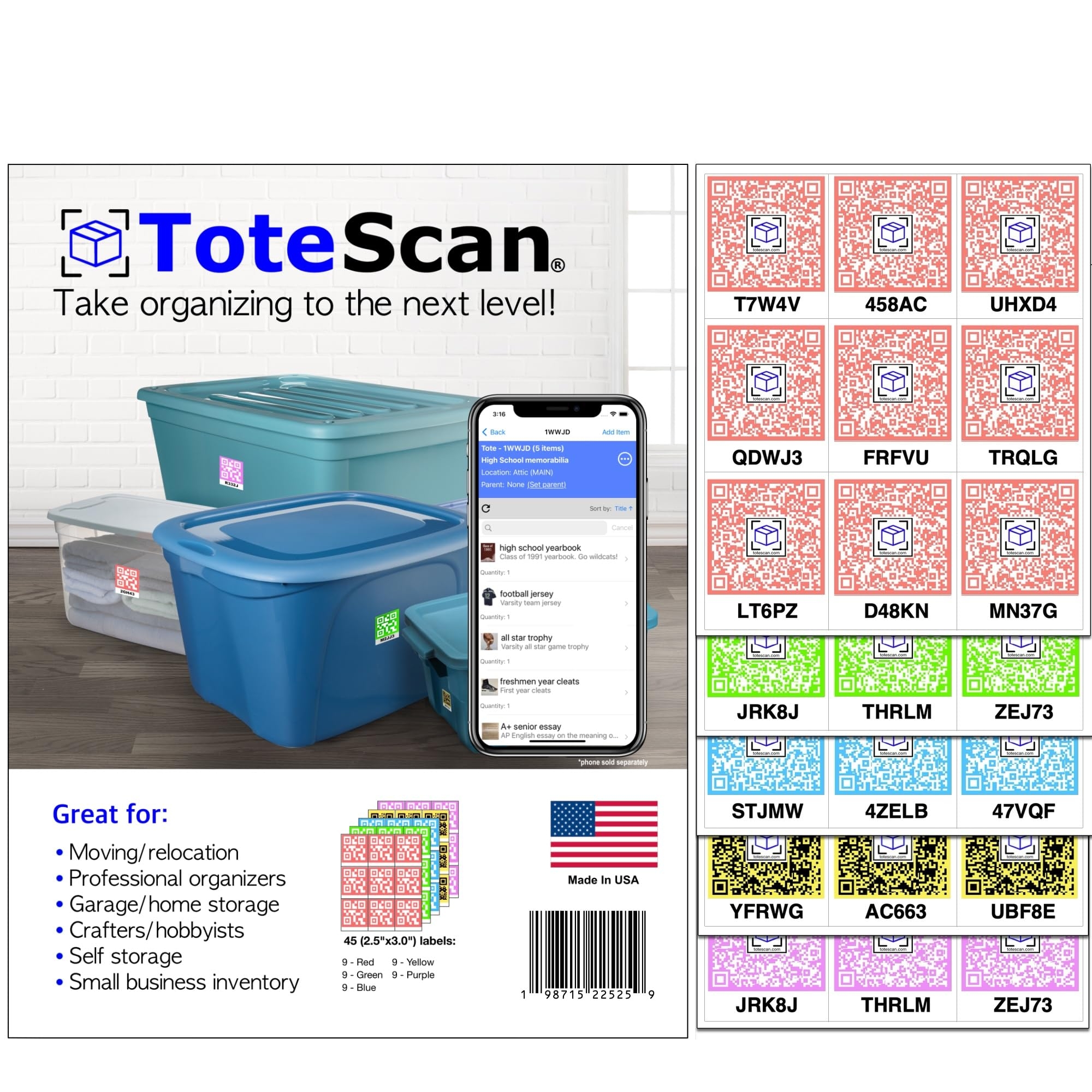 ToteScan Intelligent QR Labels for Organization/Moving/Storage (45 Unique Labels, 2.5"x3") Multi-Color (red/Green/Blue/Yellow/Purple) (Multi-Color)