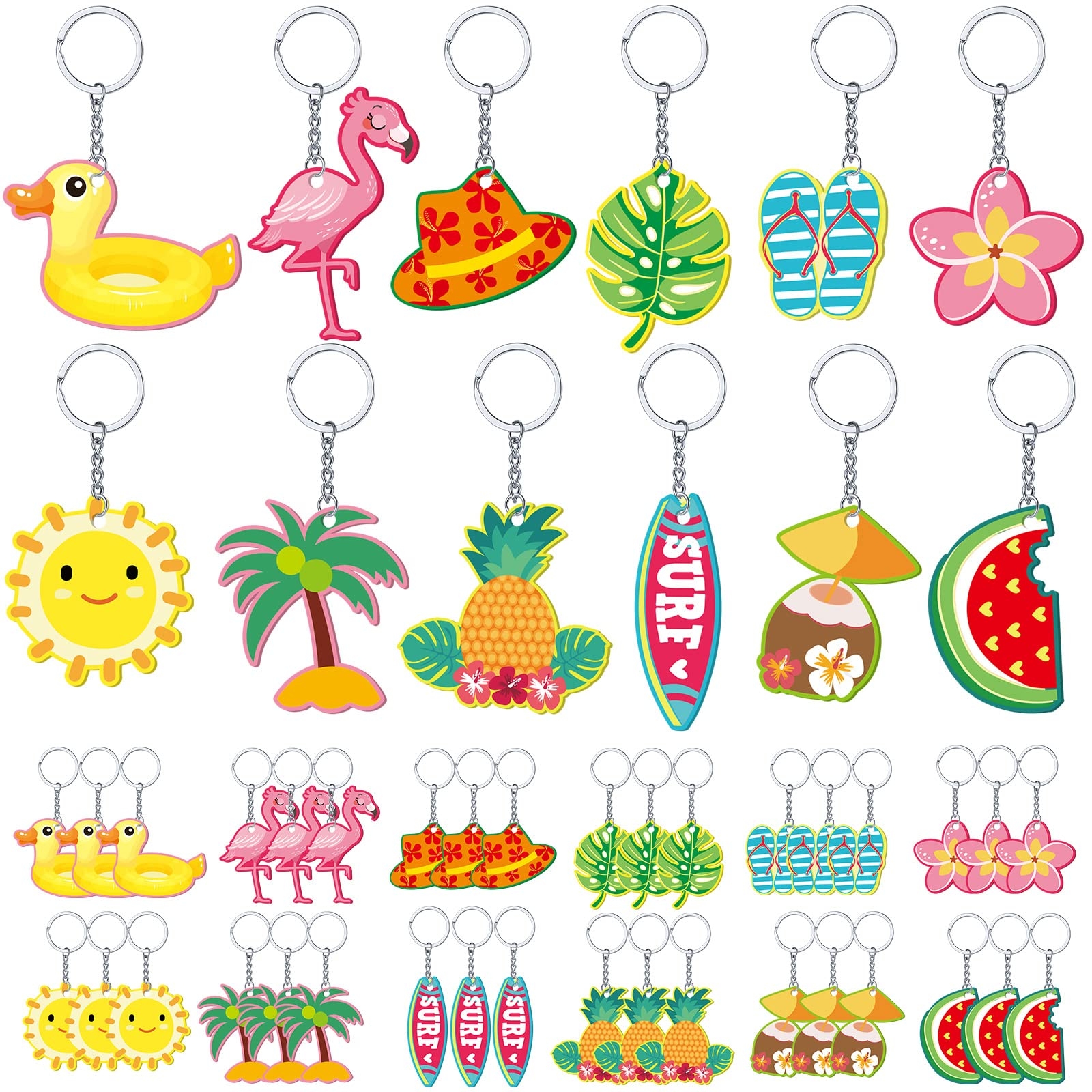 Janmercy 36 Pieces Hawaiian Luau Party Favors Summer Flamingo Pineapple Beach Keychain Tropical Hawaiian Key Ring for Kids Summer Theme Luau Key Ring Party Favor Supplies, 12 Styles (Lovely)