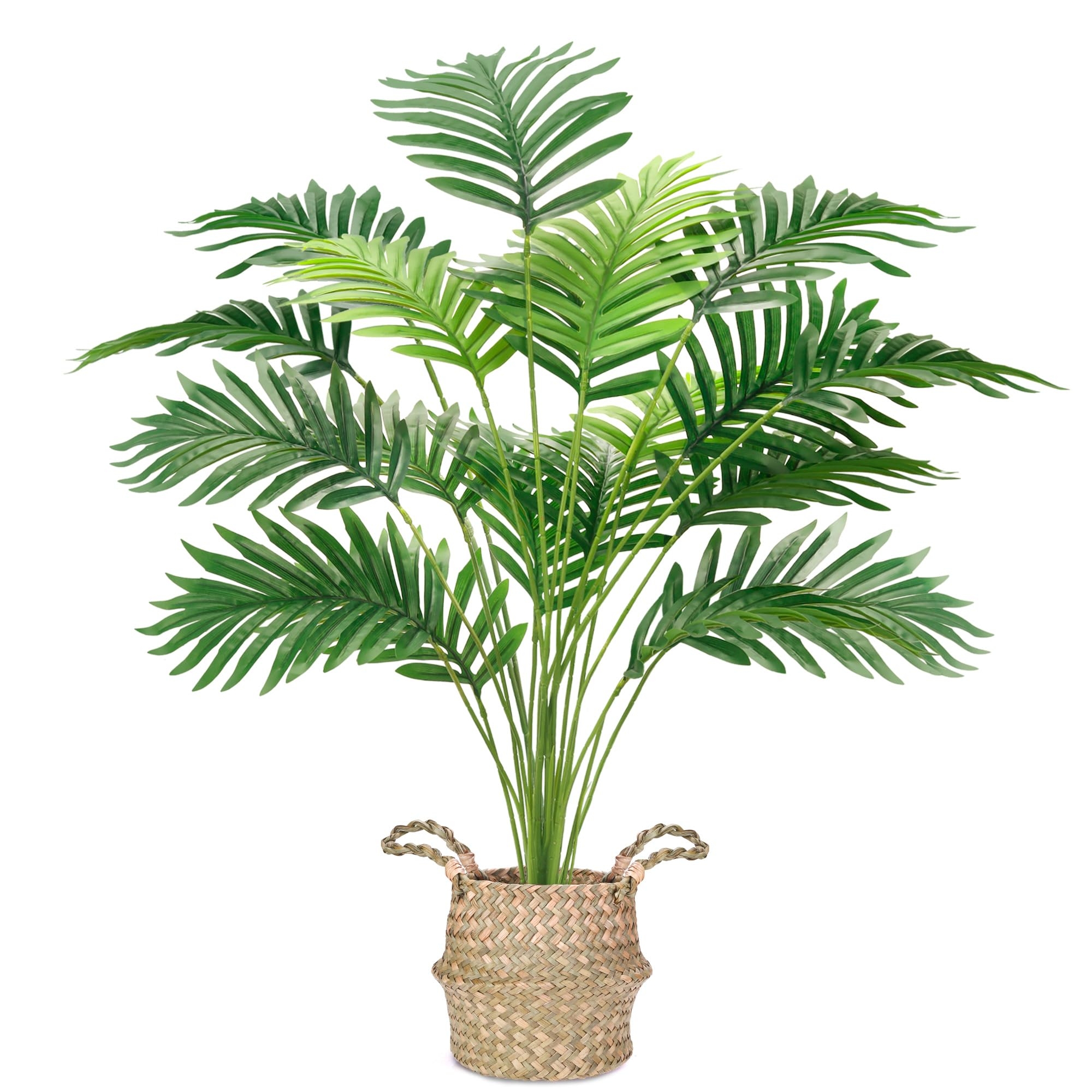 Der Rose Fake Palm Tree 28Inch Large Fake Potted Faux Areca Palm Plant with Hand-Woven Baskets with Handles for Indoor Outdoor Home Office Porch Balcony Bedroom Decor