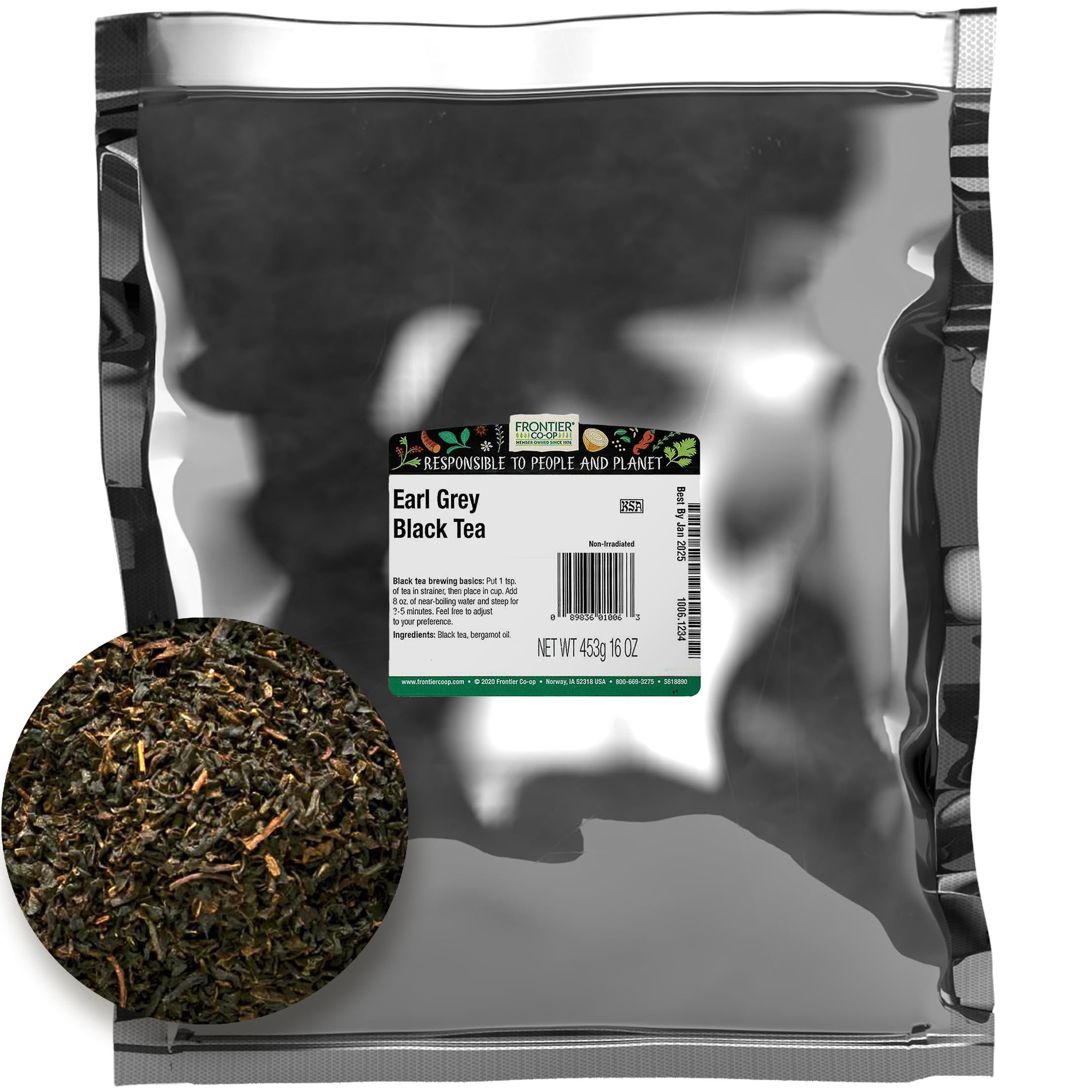 Frontier Co-op Earl Grey Black Tea, 1-pound Bulk Bag, Smoky Tea Flavor with Bergamot Oil, Great with Citrus, Kosher
