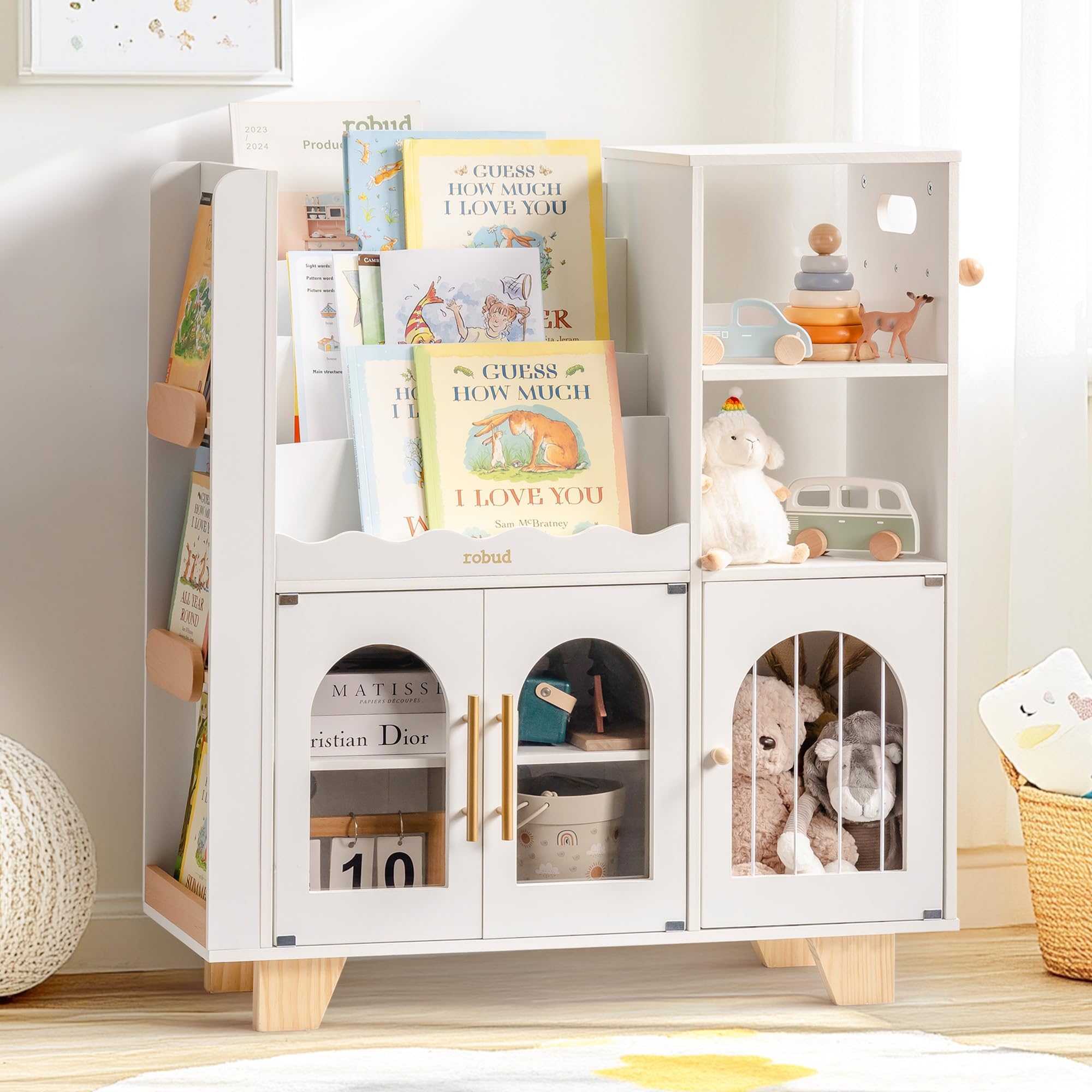 ROBUD Toy Storage Organizer, All-in-One Toy Organizers and Storage, Kids Wooden Bookshelf with 6 Storage compartments, Toy Chest Shelf Organizer for Playroom Bedroom, White
