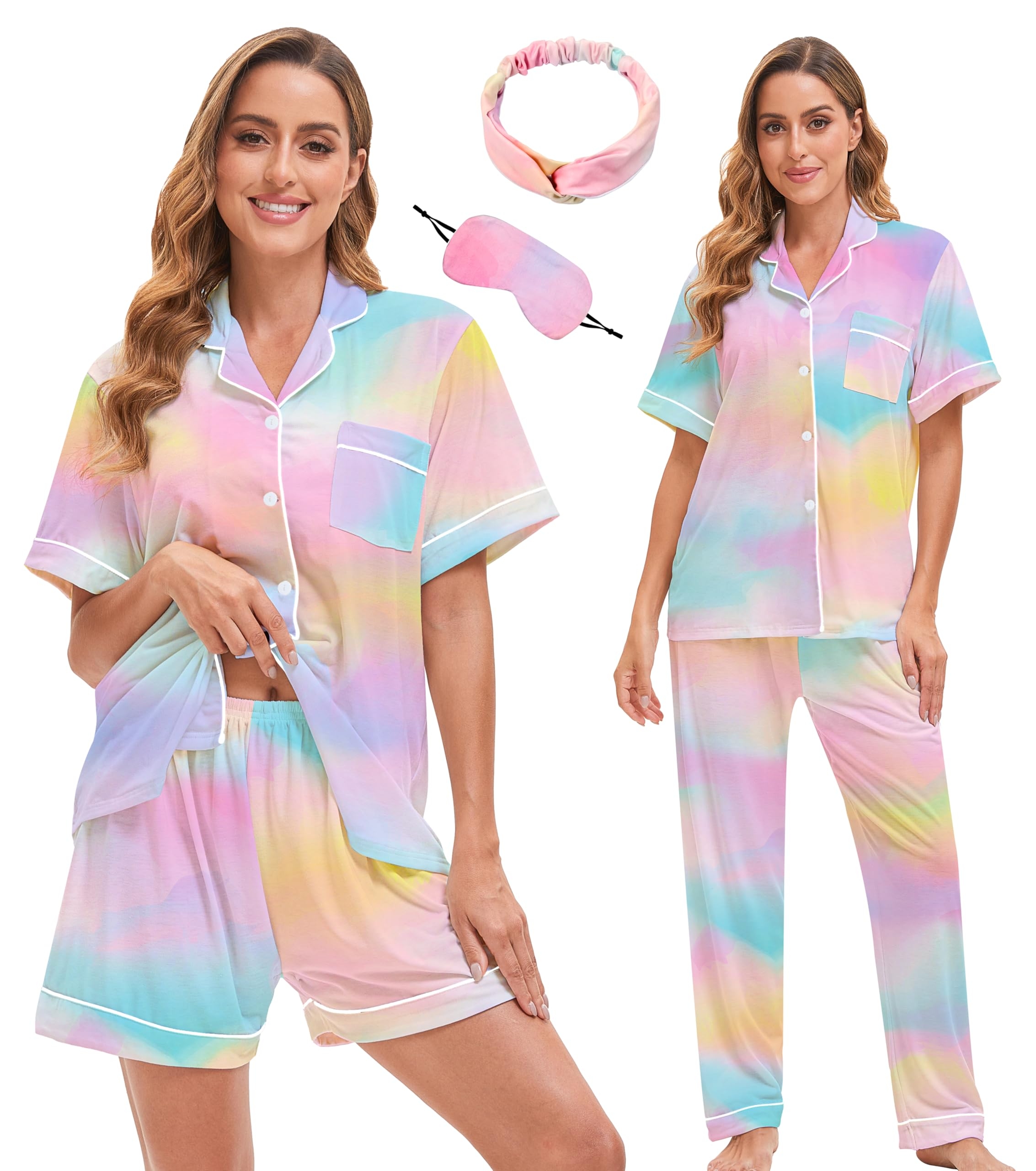 MORFORU 3 Piece Button Up Pajamas for Women Set Soft Pajama Shorts Pants Short Sleeve Pjs Sleepwear Pj Lounge Sets